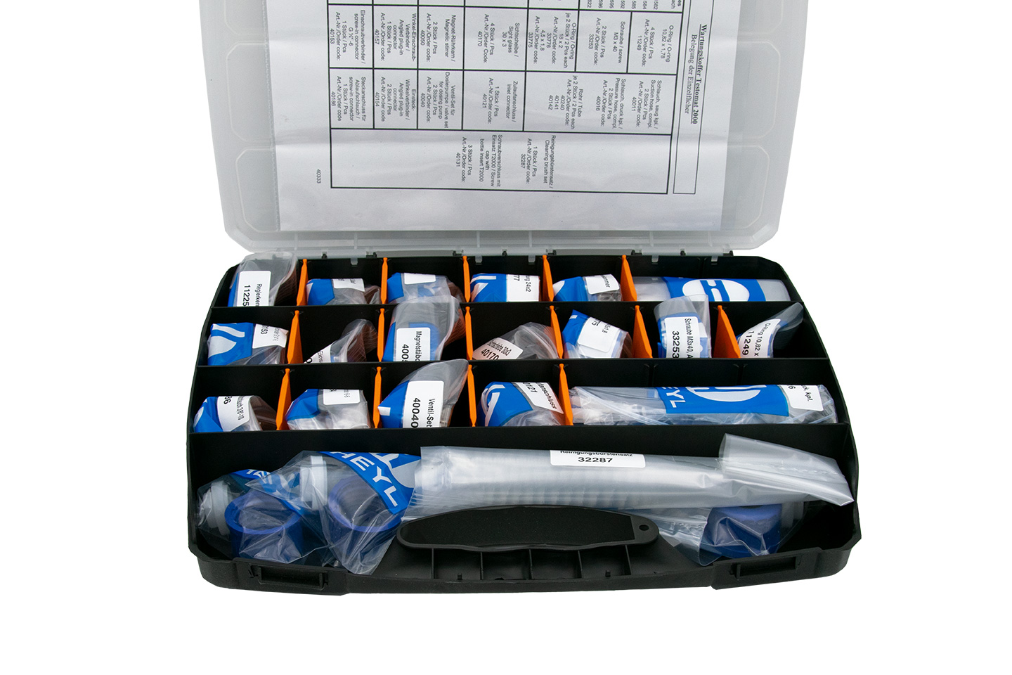 Wartungs- und Reparaturkoffer, für den Testomat und Titromat, Offener Koffer mit Inhalt, für die regelmäßige Wartung, enthalten sind O-Ringe, Sicherungen, Sichtscheiben, Reinigungsbürstensatz und noch mehr