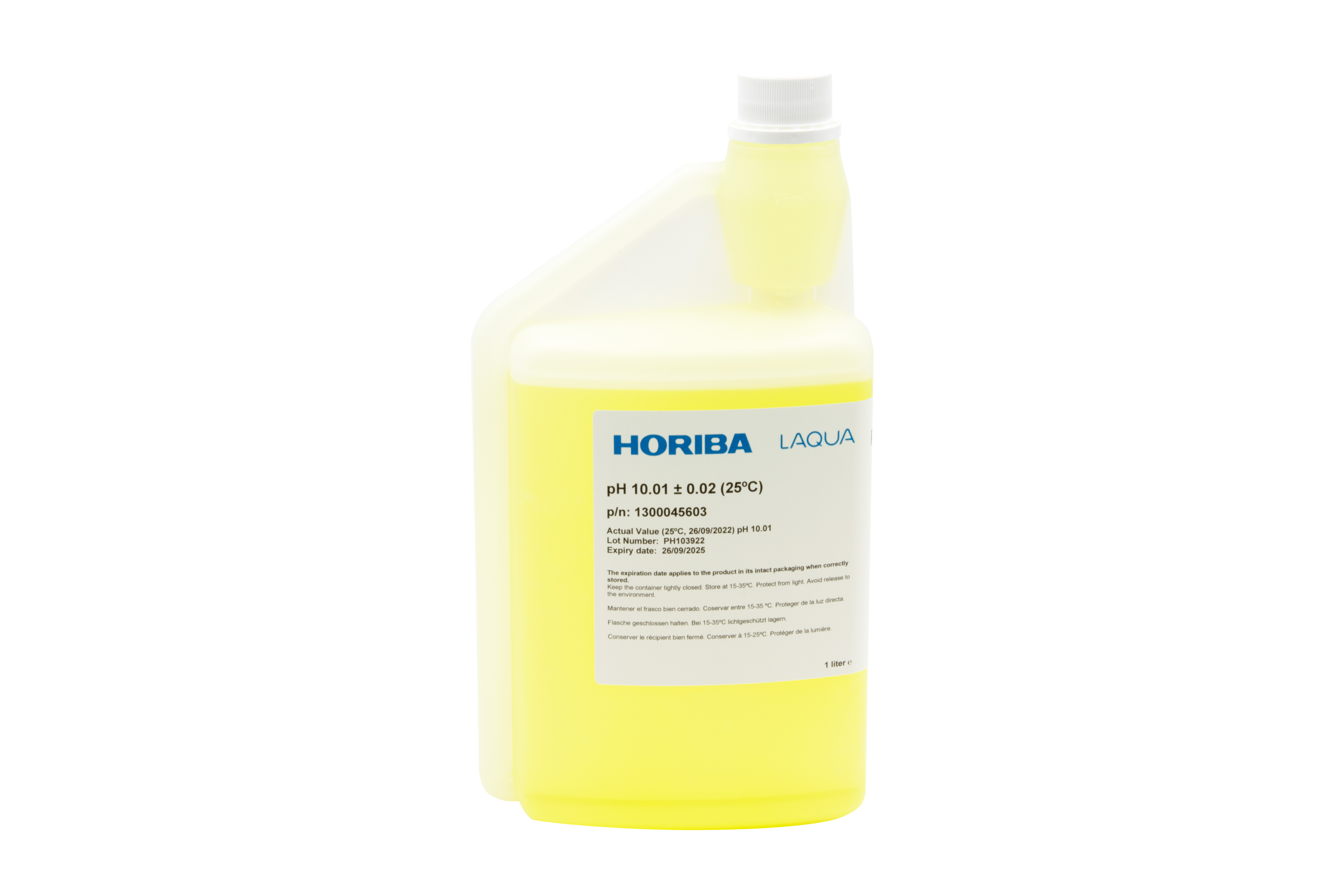 HORIBA pH 10.01 buffer solution, 1000 ml bottle, front view, white hygienic cap visible, calibration solution for electrode testing, precise pH buffer solution, suitable for laboratory and field measurement
