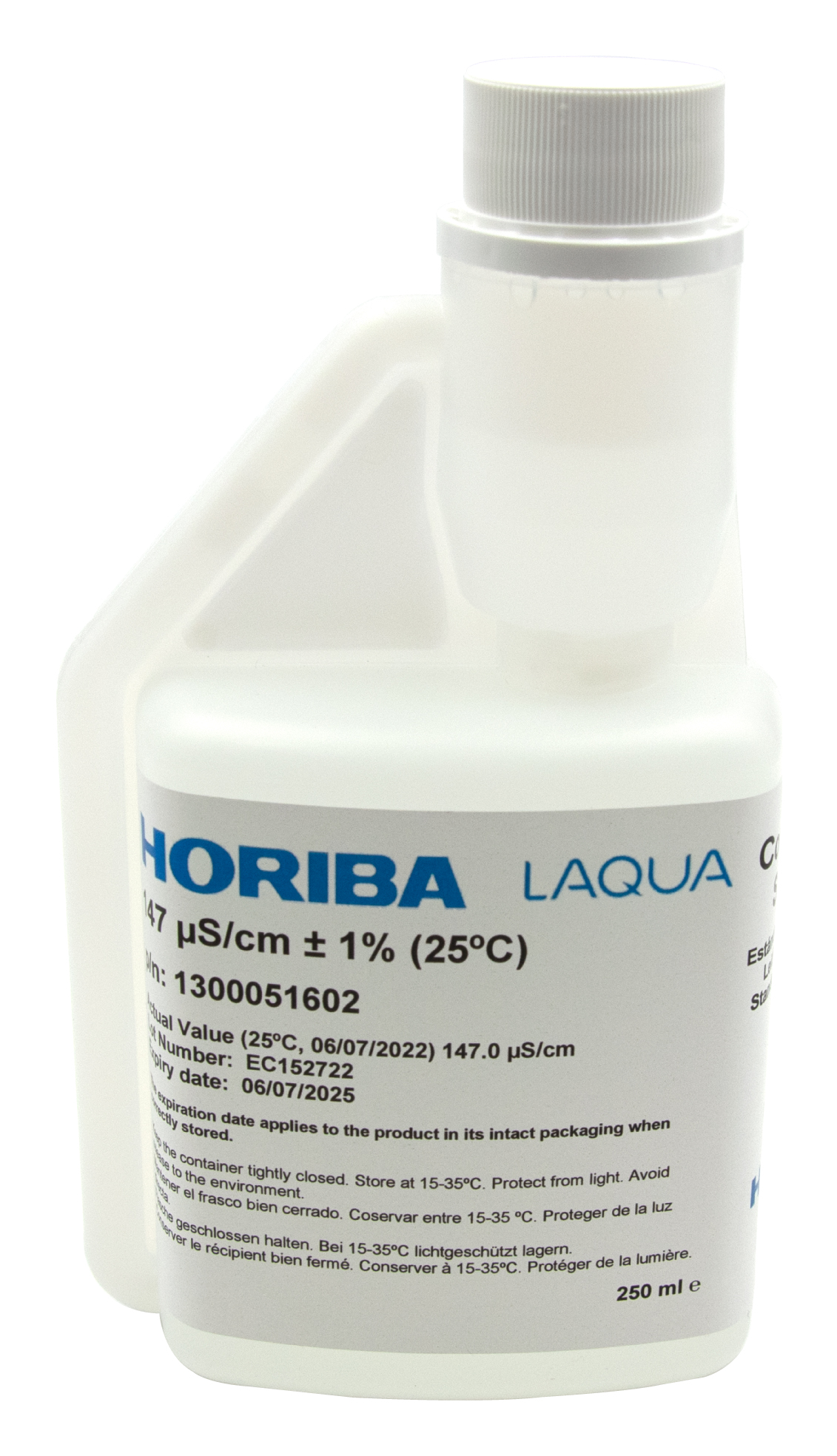 HORIBA 147 μS/cm conductivity calibration solution 250ml, front view, with hygiene cap, suitable for environmental laboratories