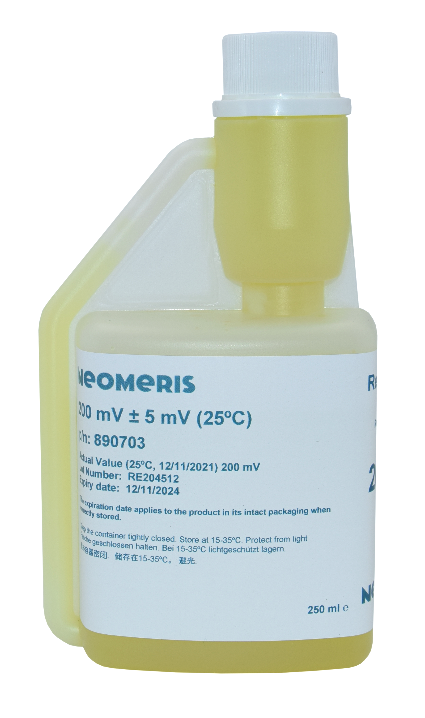 Neomeris Redox-Pufferlösung 200 mV Redox Pufferlösung, Frontansicht der 250 ml Flasche mit Hygienedeckel, zur Elektrodenkalibrierung