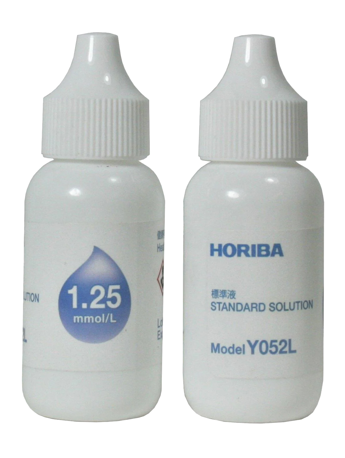 Horiba standard solution Y052L, two white bottles with white caps, front view, for calibration of the LAQUAtwin Ca-11C tester and concentration 1.25 mmol/L for iCa (ionised calcium)