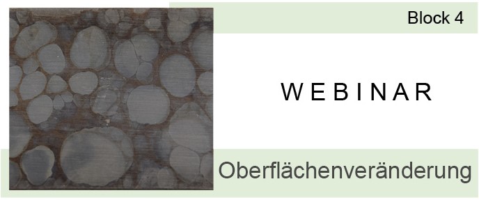 Webinar processing of sterile goods - Block 4 - Surface Changes Webinar Sterilgutaufbereitung Block 4, Präsentationsfolie mit Titel und Grafiken, Fokus auf Oberflächenveränderungen