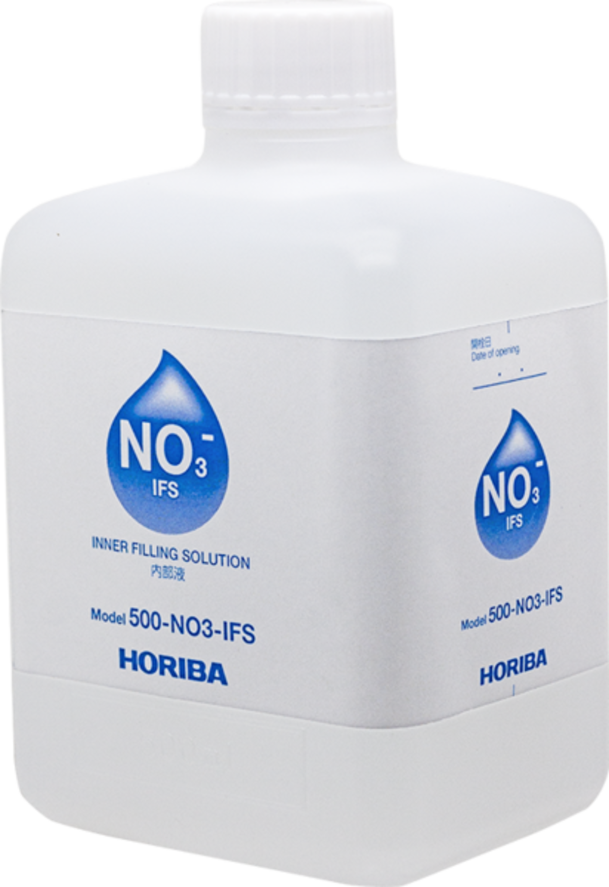 Nitrate electrode filling solution bottle for ion-selective electrode calibration, HORIBA 500 ml bottle for precise nitrate measurement in the laboratory, Horiba bottle for nitrate electrode filling solution with clearly readable label