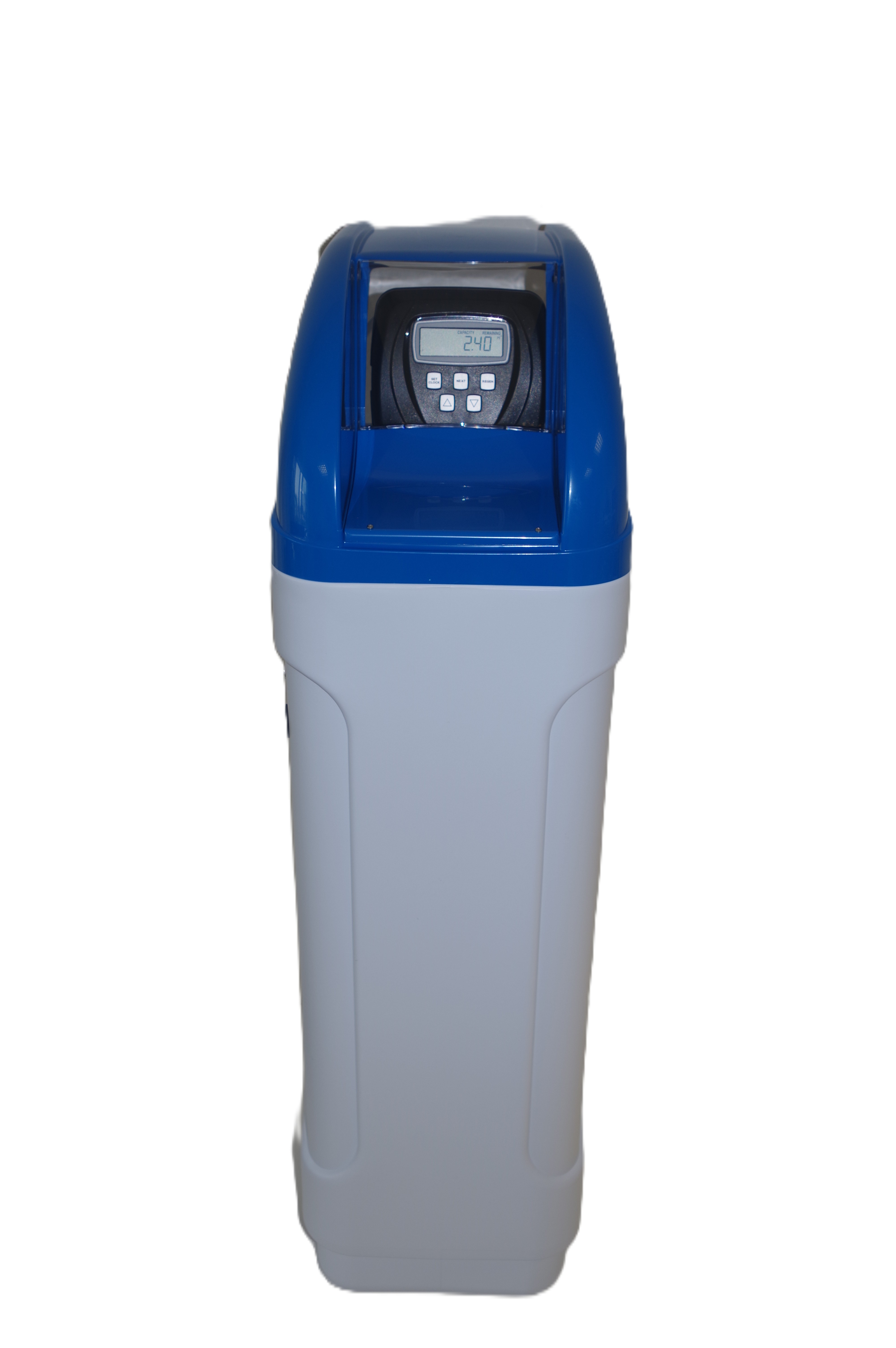 Cabinet water softener 60, front view, computer-controlled, time-controlled safety regeneration
