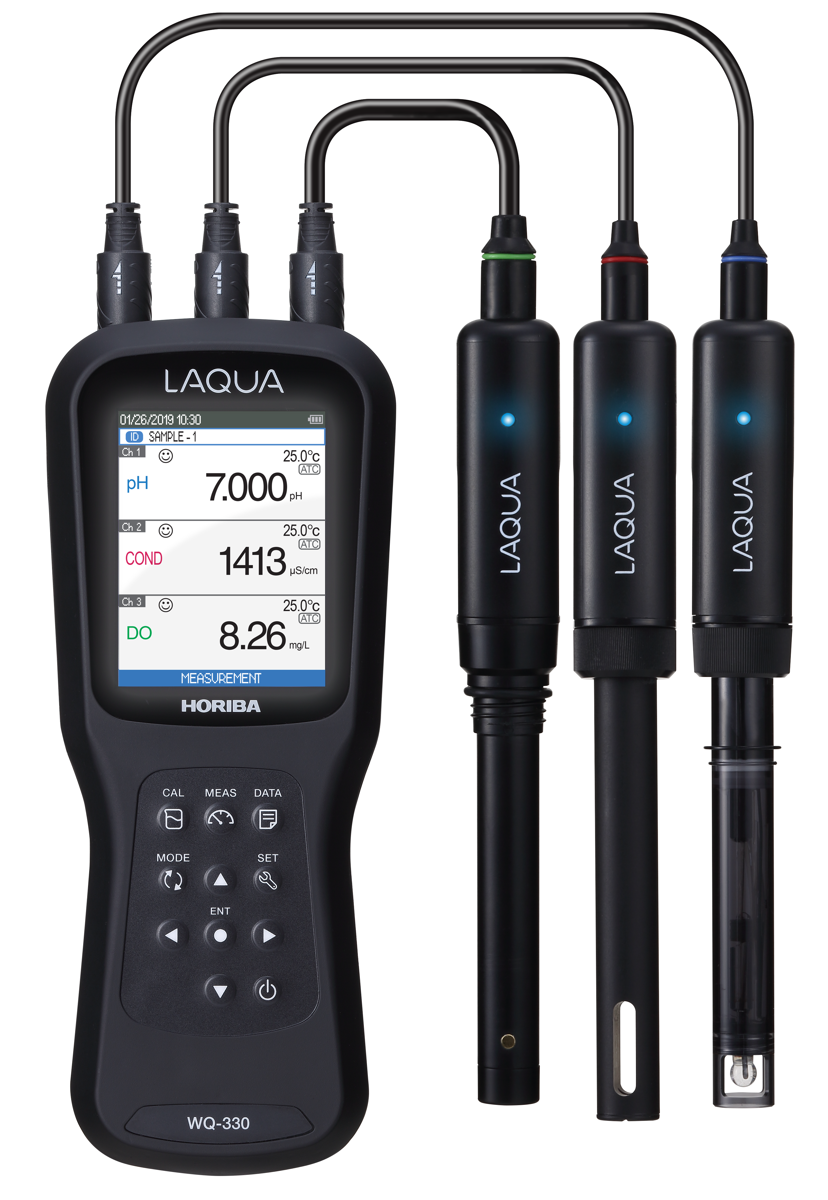 Horiba LAQUA WQ330-K Handmessgerät mit drei angeschlossenen Elektroden, Frontansicht, robustes Design