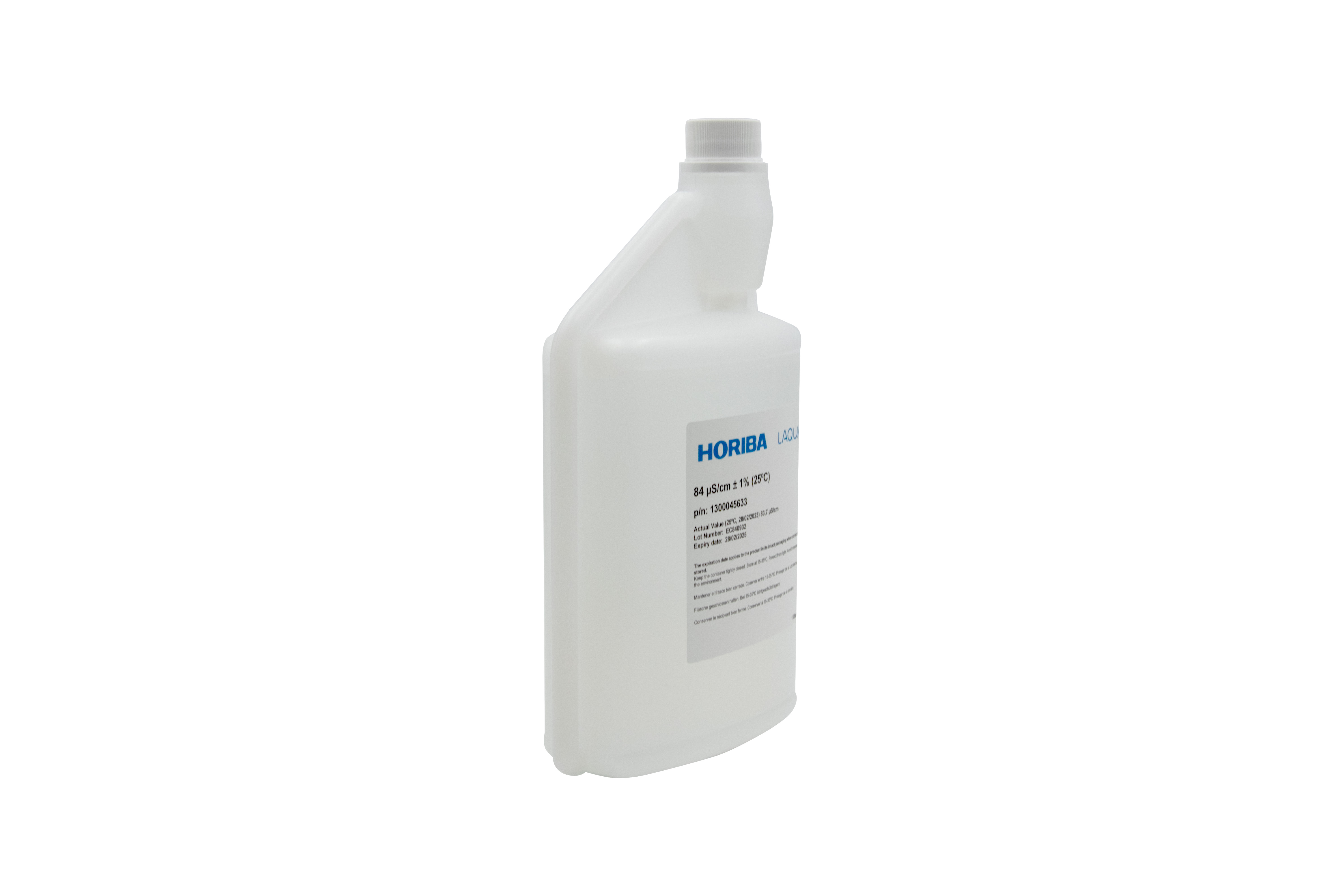 HORIBA 84 μS/cm conductivity calibration solution 1000ml, angled rear view, hygiene cap