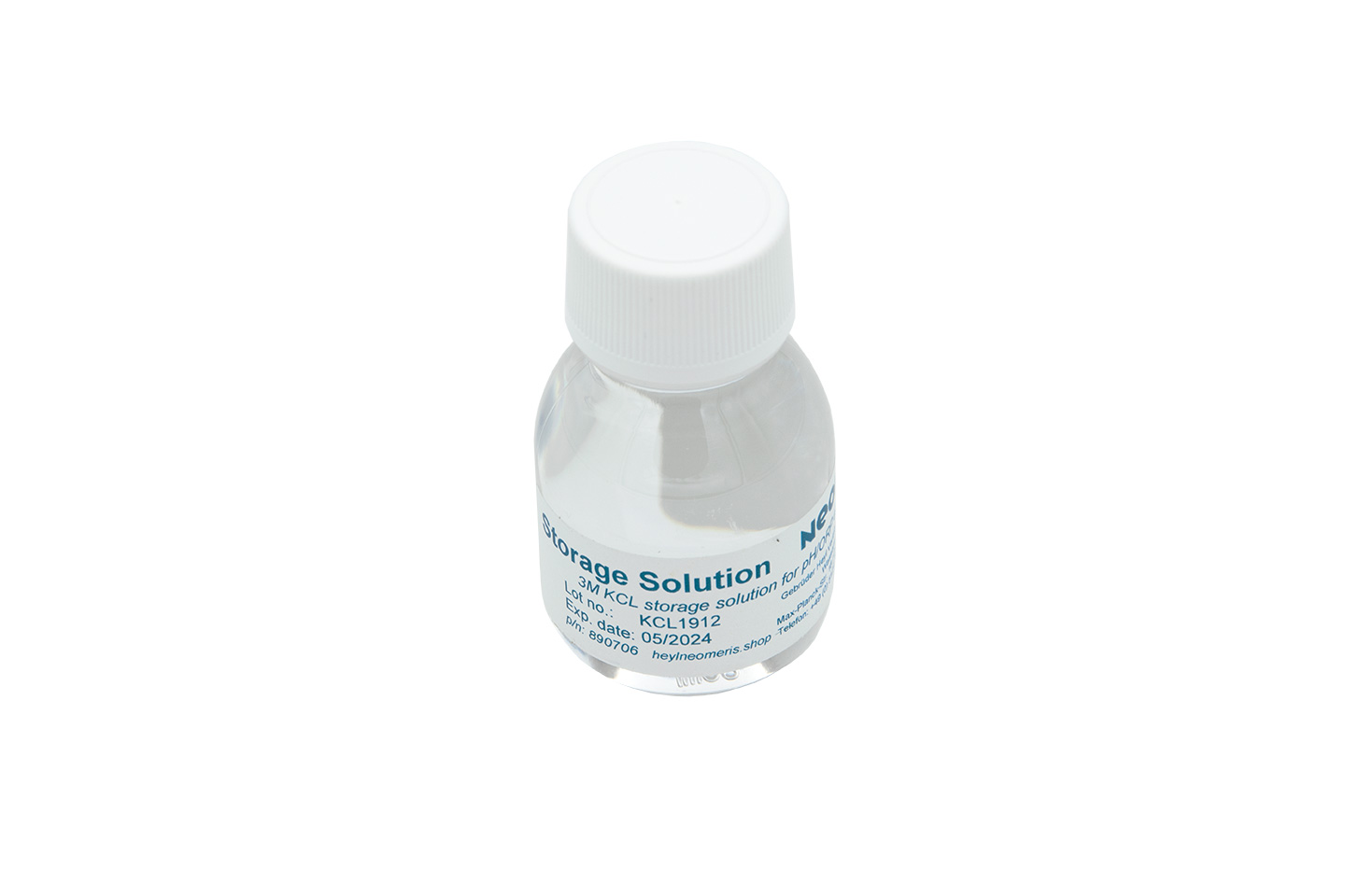 Aufbewahrungslösung für pH und Redox Elektroden, klare Kunststoffflasche mit blauem Etikett und KCL Elektrolyt