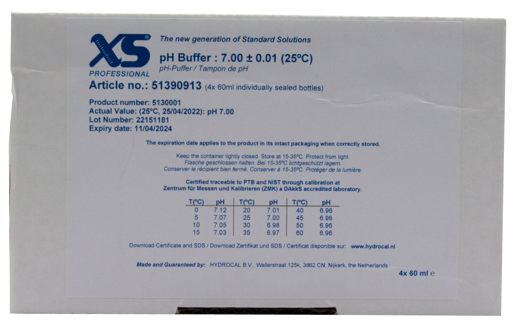 XS Professional pH 7.00 buffer solution data sheet
