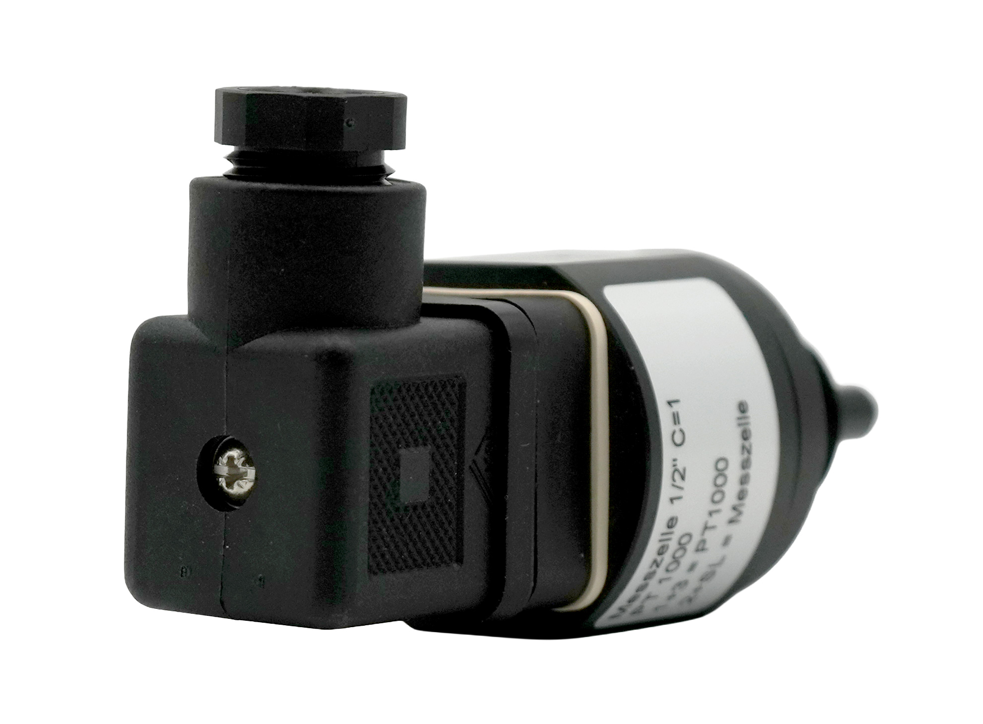 N-LF1210/PT1000, conductivity measuring cell with screw-in thread, black, side right view, solenoid valve plug, electrodes, 6 bar and 60°C operating temperature