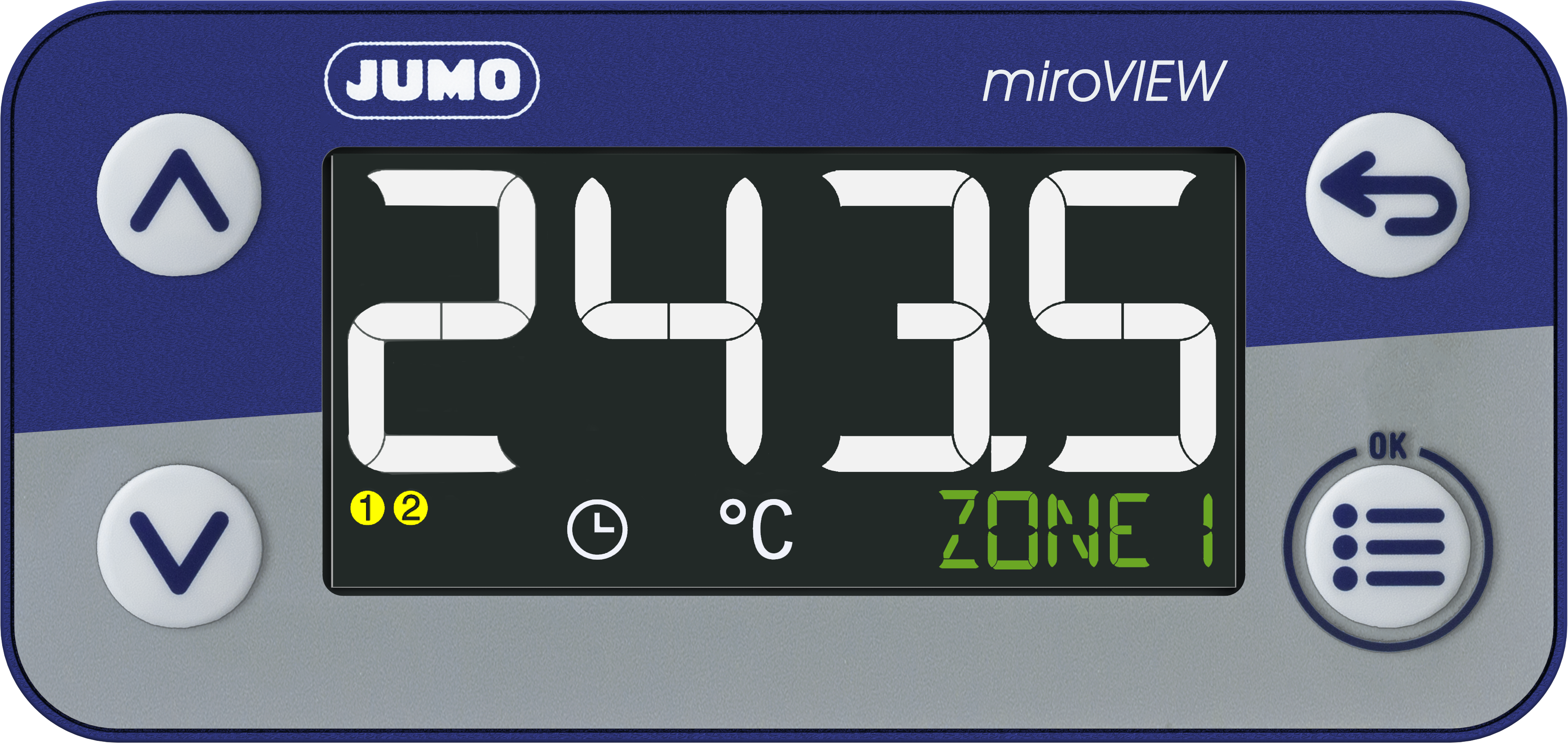 JUMO miroVIEW process indicator front, LCD display, digital input, 2 relay switching contacts, AC 230 V, 48 to 63 Hz