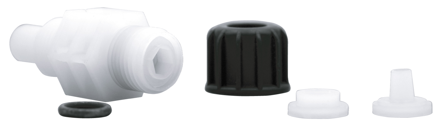 emec LOTUS MINI injection valve 1/2" emec LOTUS MINI Impfventil 1/2", Gesamtansicht des Ventils, 6x8 PVDF+FP+CE, robustes Design, Öffnungsdruck: 0,3 Bar