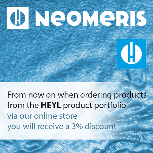 ein HeylNeomeris Banner in blauer Farbe mit Neomeris oben. Unten 3% Online Shop Rabatt