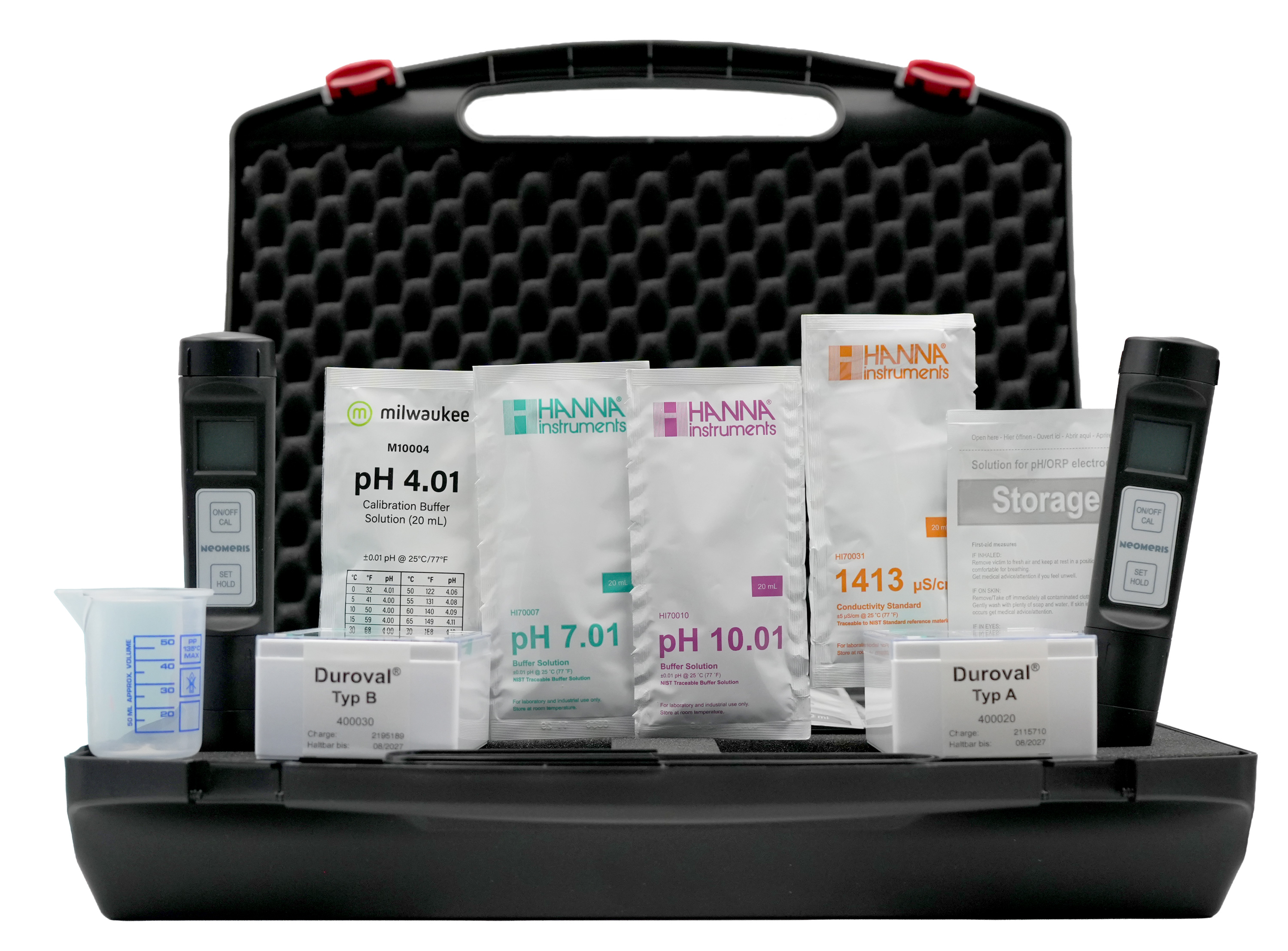 Professional analysis kit for heating water, interior view with conductivity and pH meter, titration sets, buffer solutions and measuring beaker, our item number 880553