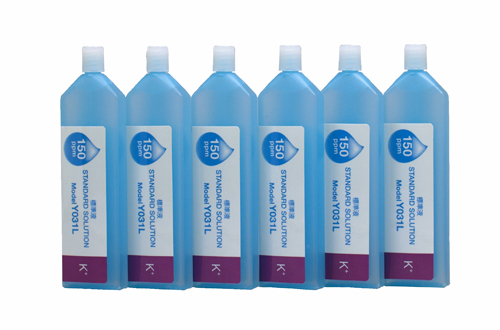 Horiba 150ppm Potassium Ion Standard Solution (Y031L), six bottles arranged side by side