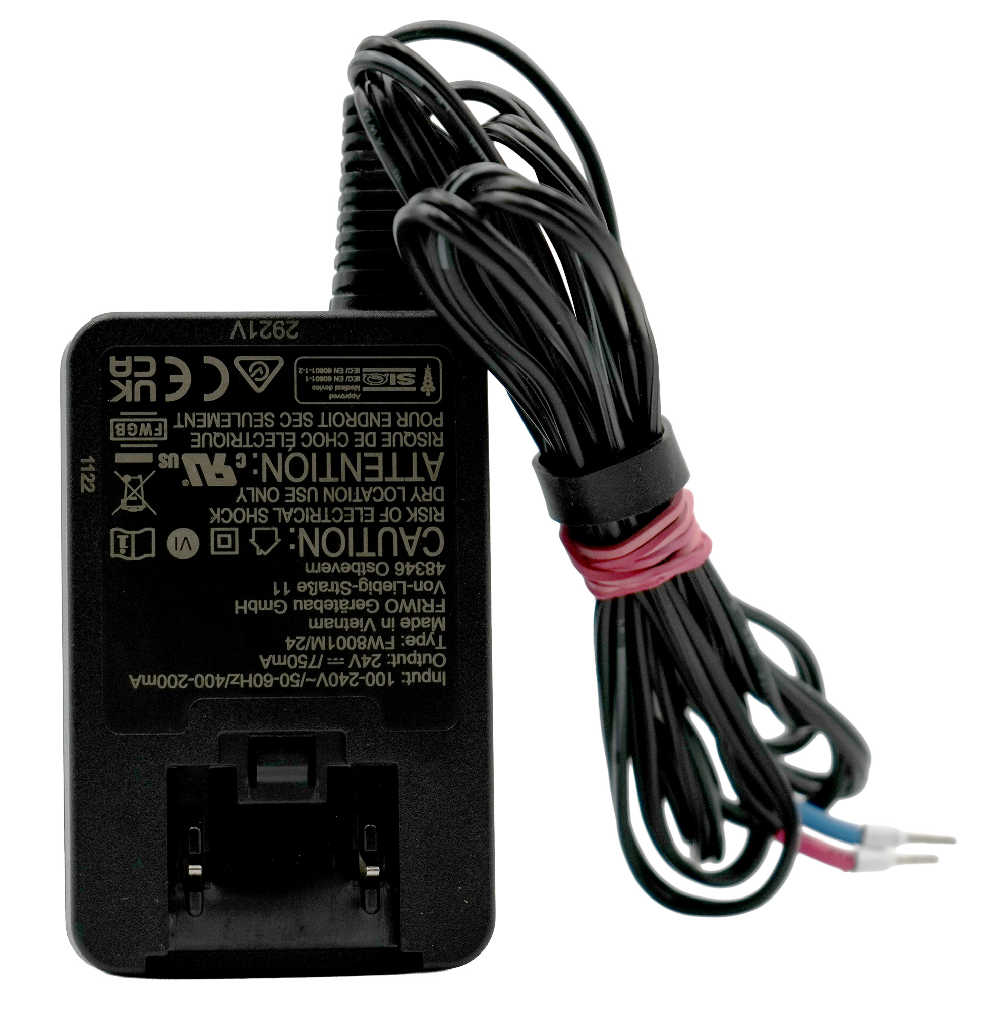 Plug-in power supply 24V 0.75A without primary adapter for Testomat® LIMIT, our item number 30997, front view