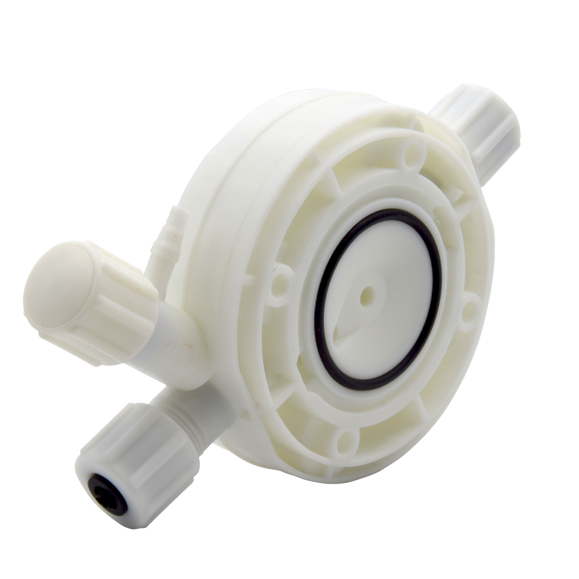 Seitliche Ansicht des emec PRISMA Serviceset M mit PP Pumpenkopf