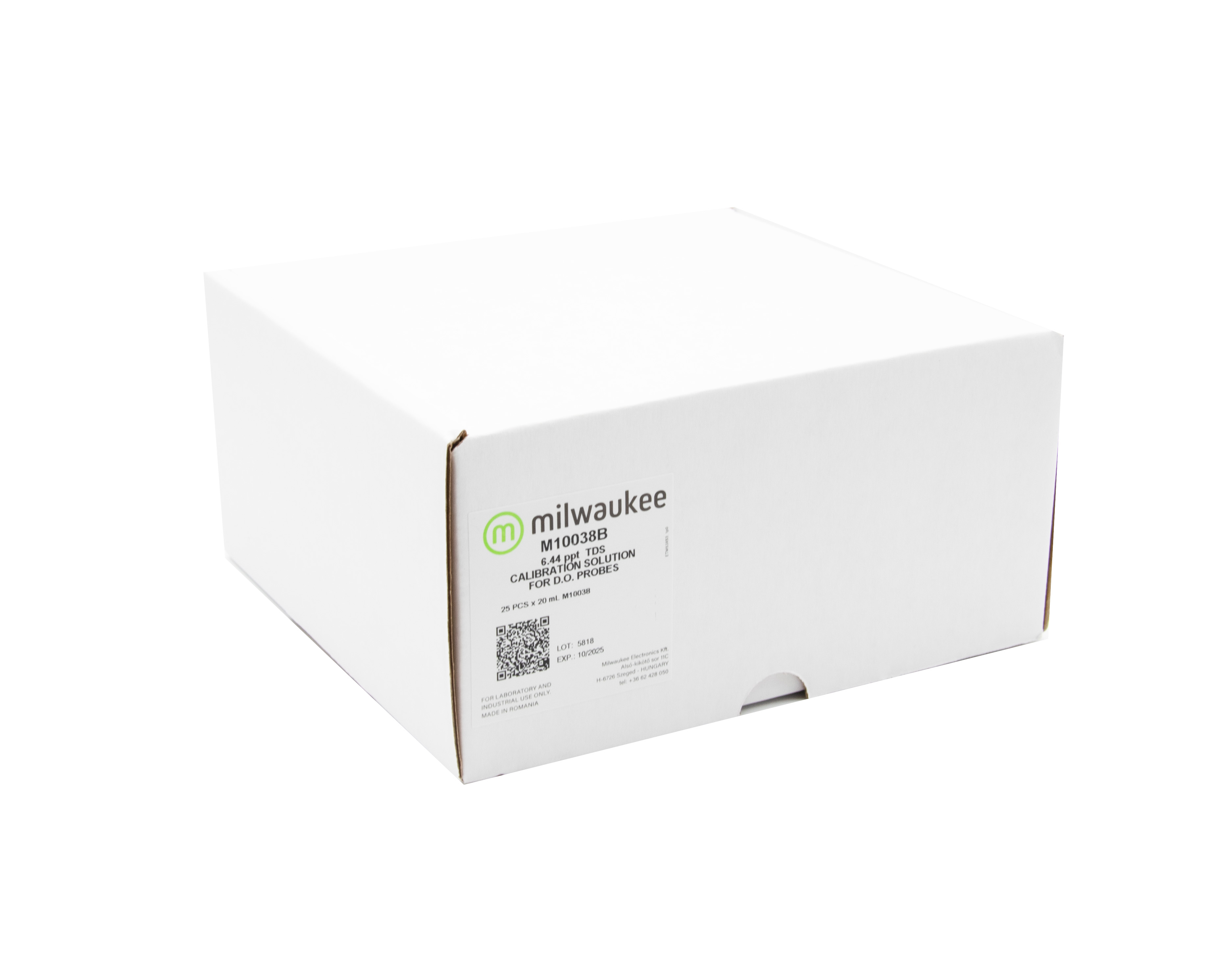 Milwaukee M10038B 6.44 ppt TDS Kalibrierlösung Produktetikett auf Verpackung, Nahaufnahme, Produktname und Messwert gut lesbar, Kennzeichnung der Kalibrierlösung