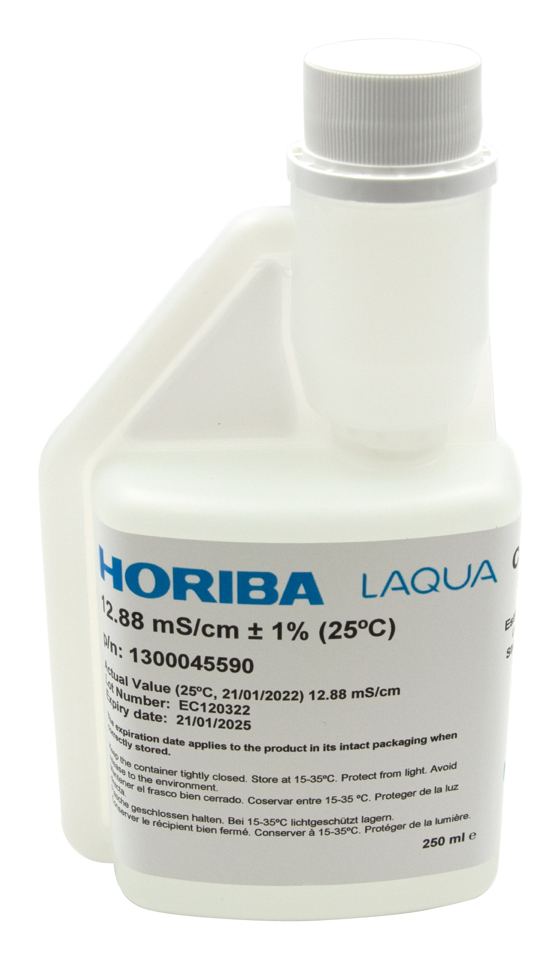 HORIBA 12.88 mS/cm conductivity calibration solution 250 ml bottle with hygiene seal, suitable for applications in environmental analysis, water treatment and research.
