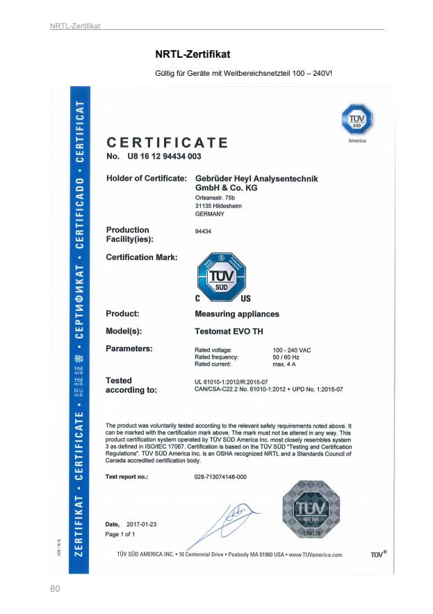 Testomat EVO TH, offizielle NRTL-Bescheinigung mit Prüfdetails, 24 VAC / 50-60 Hz