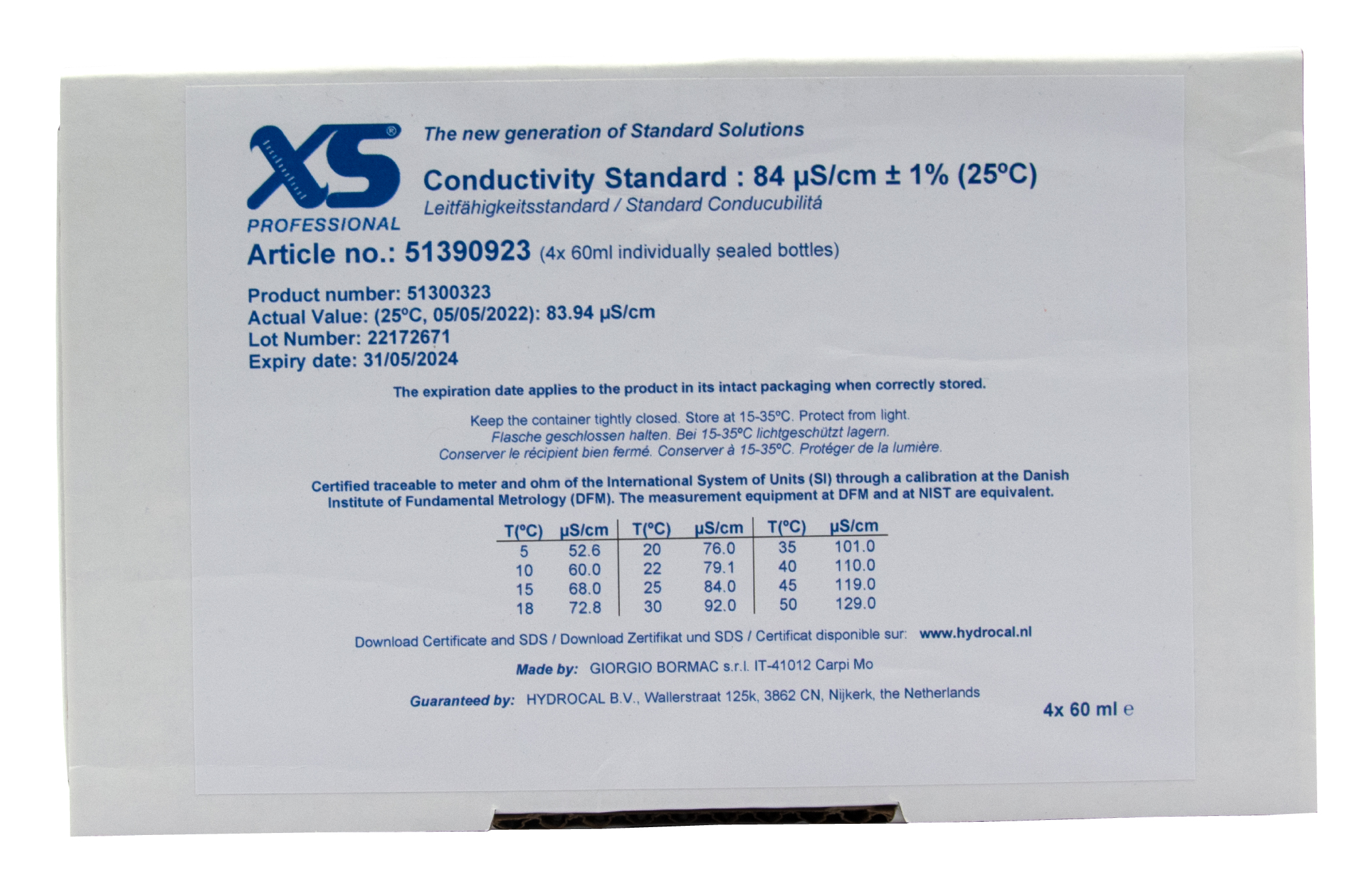 XS Professional 84µS/cm - 4x 60ml Leitfähigkeitskalibrierlösung  Infoblatt