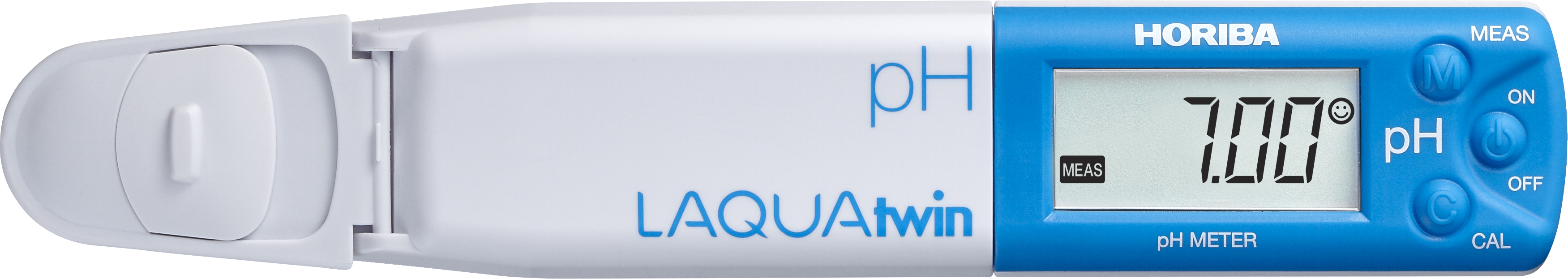 Horiba LAQUAtwin pH Tester mit 5 Kalibrierpunkten und Temperatur Messung (pH-33) schräger Blick, Gehäuse und Tropfenbehälter
