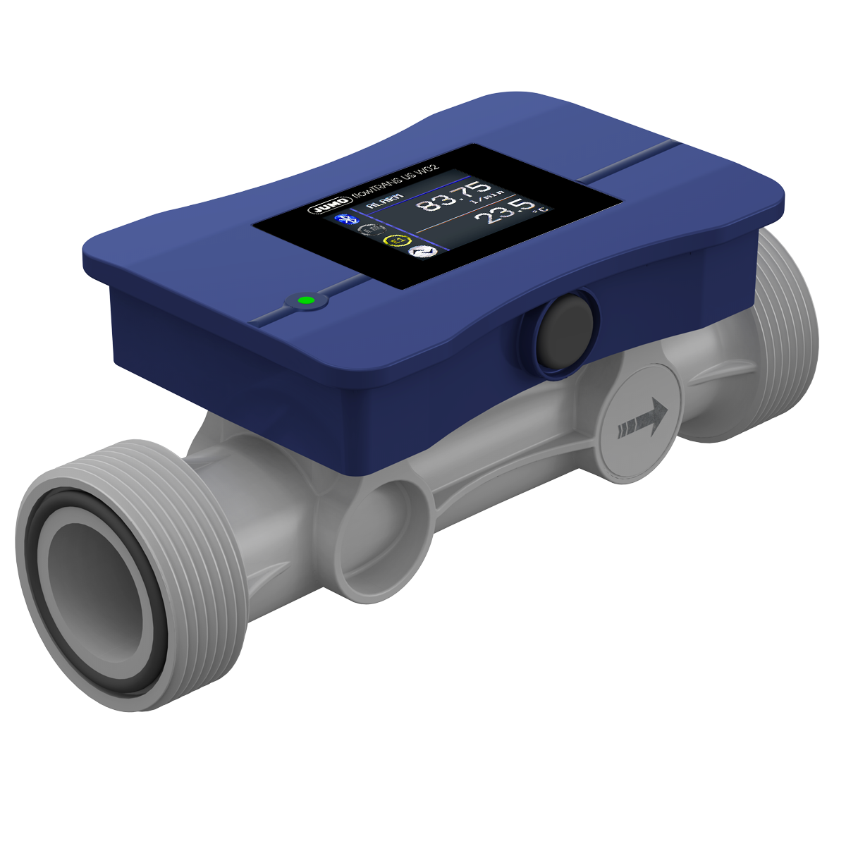 JUMO flowTRANS US W02 Ultraschall-Durchflussmessgerät DN 25 Seitenansicht, flexible Montage, verschleißfreie Ultraschallmessung