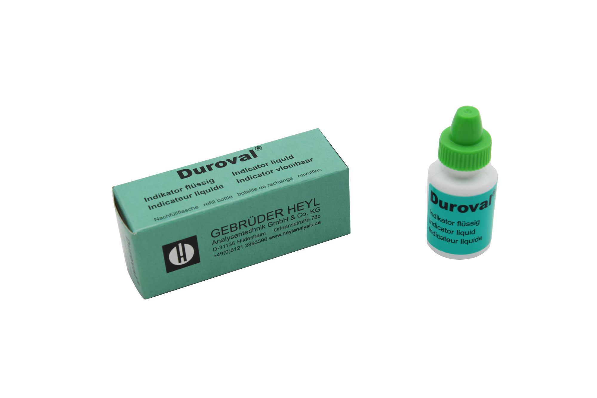 DUROVAL® Indikator flüssig 8 ml Nachfüllpackung DUROVAL Indikator flüssig 8 ml Nachfüllpackung, Frontansicht der kleinen Flasche