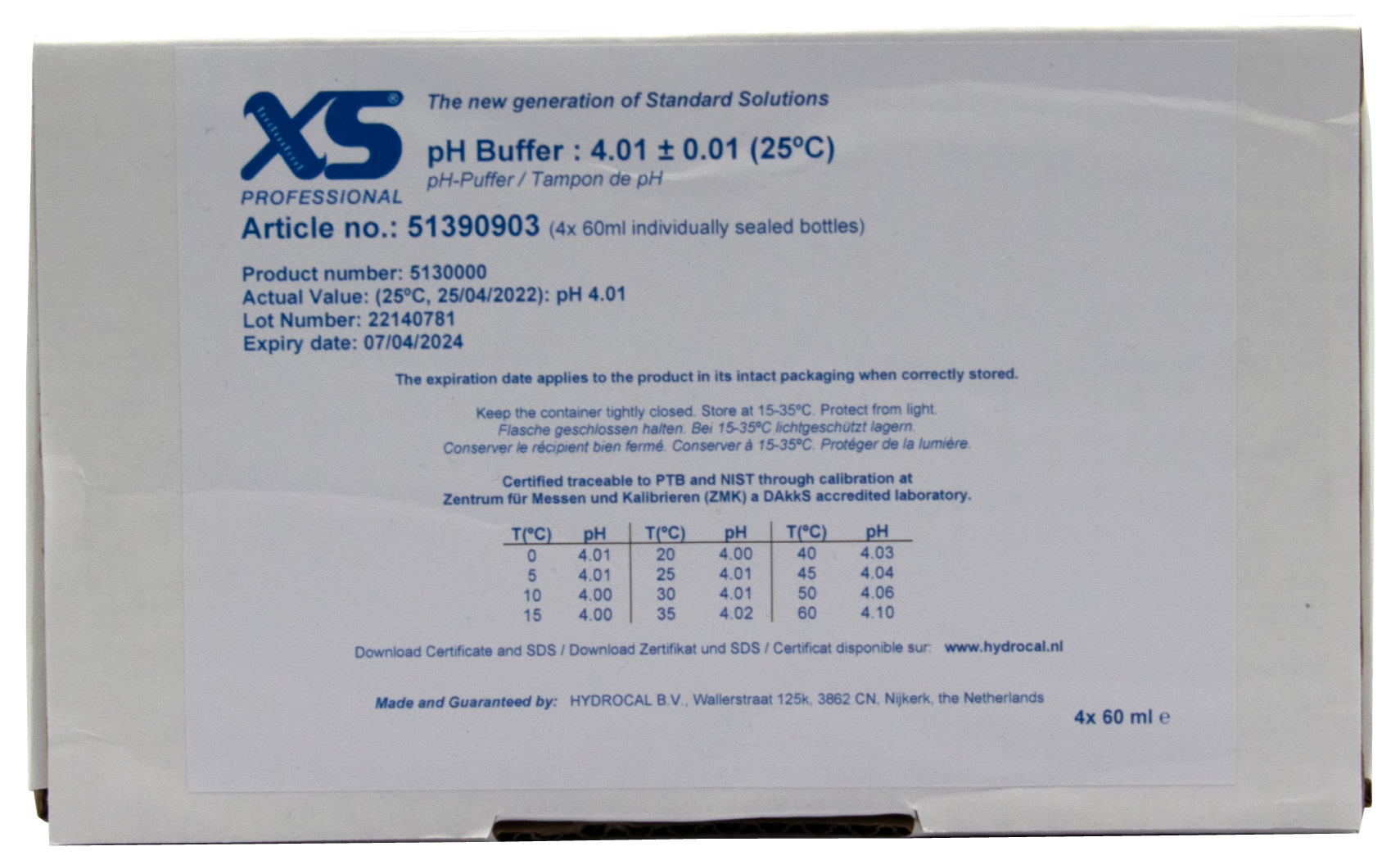 XS Professional pH 4.01 Pufferlösung Datenblatt