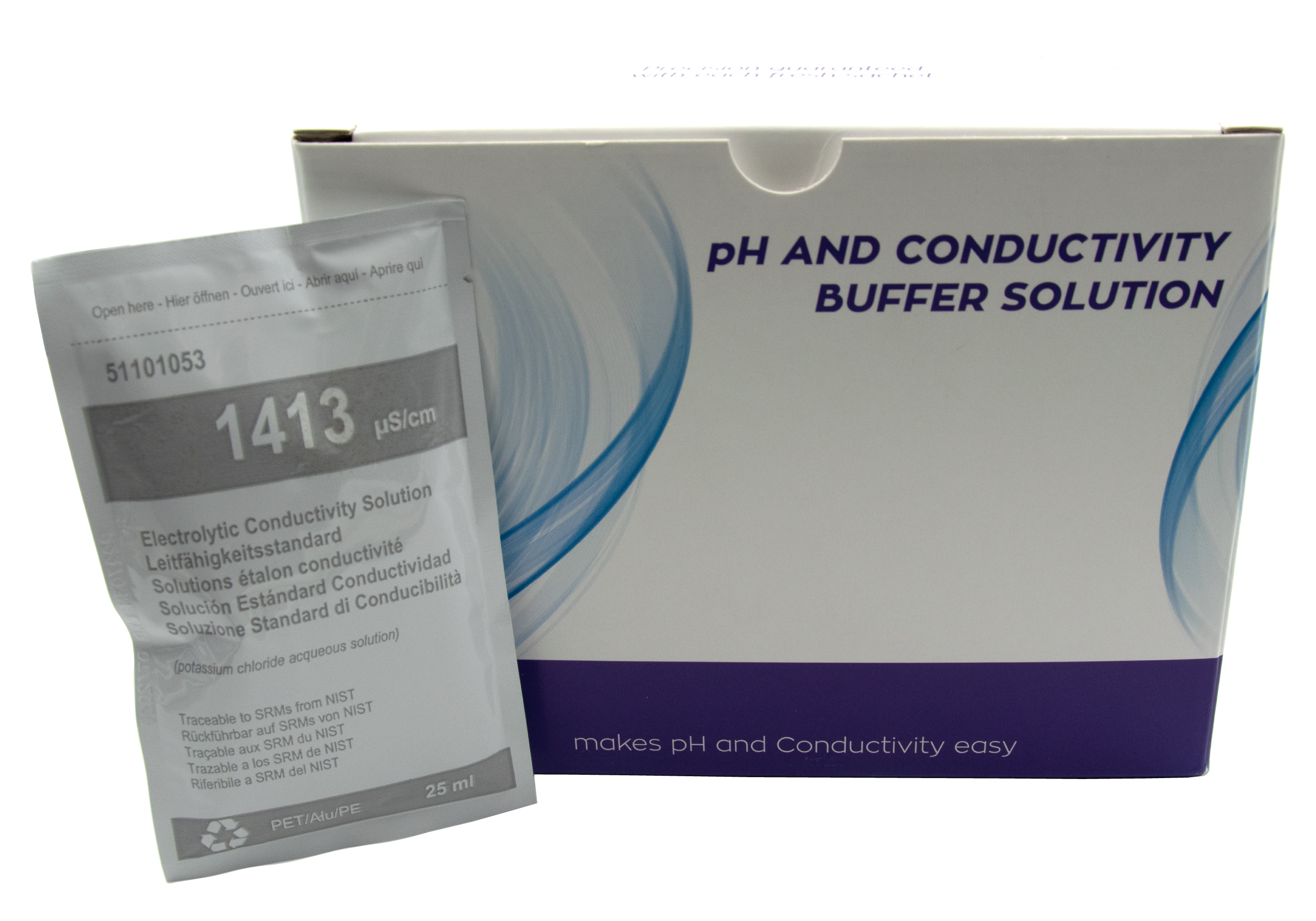 XS BASIC EC 1413 Kalibrierlösungspackung, Frontansicht 20 Tüten, NIST-rückverfolgtes Kalibrier‑Medium