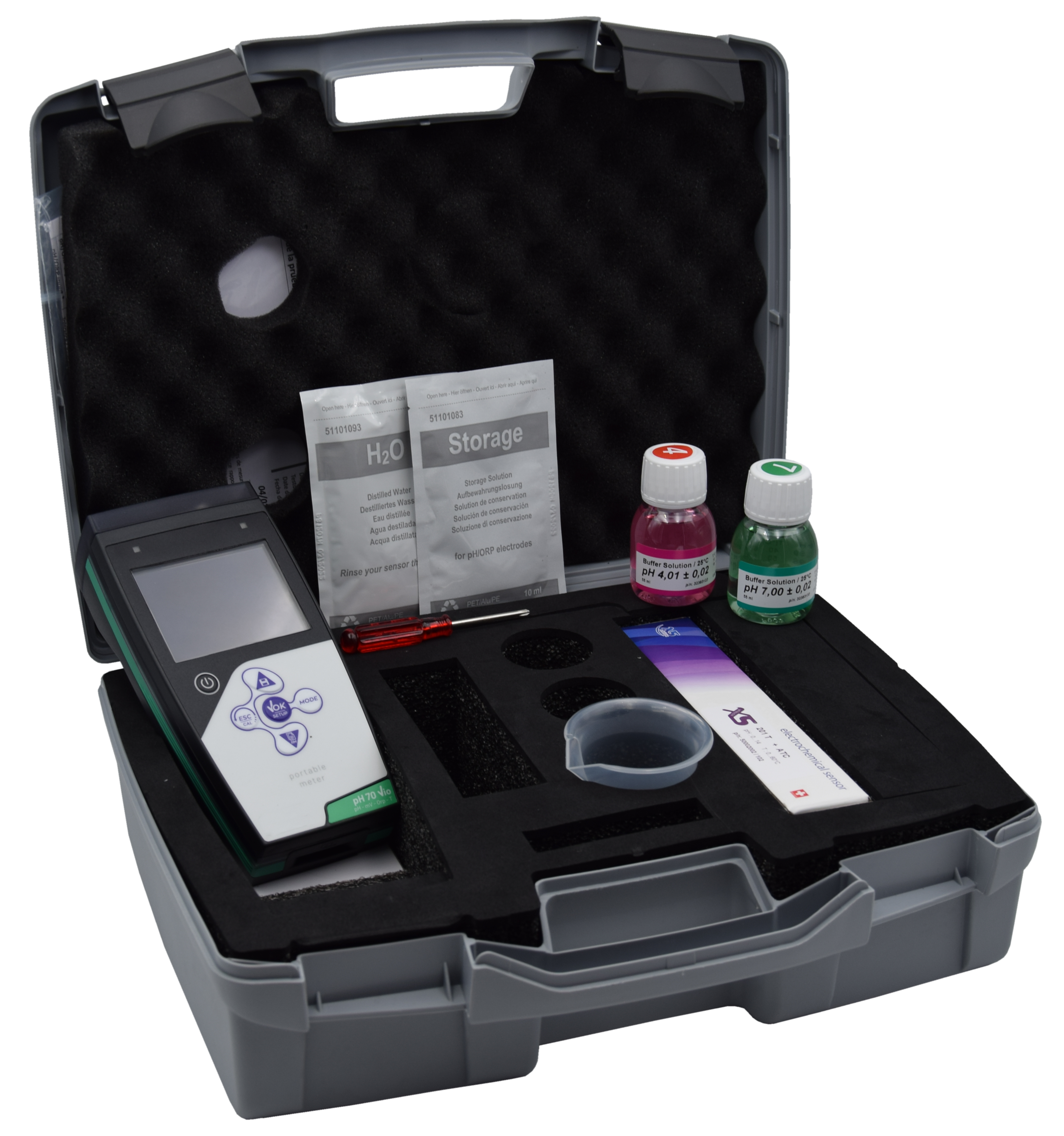 offener schwarzer Koffer mit Inhalt, Flüssigkeiten und Gerät und Elektrode