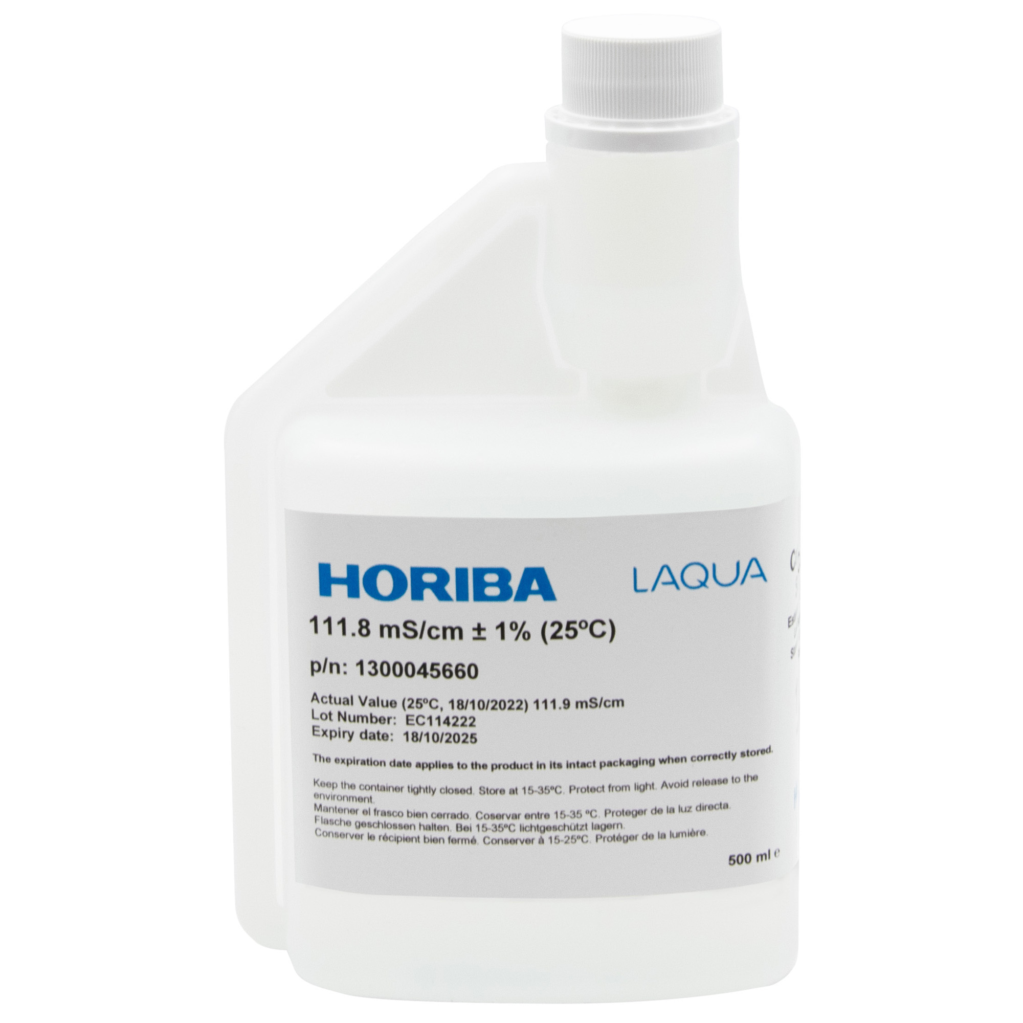 HORIBA 111.8 mS/cm conductivity calibration solution 500 ml, label with expiry date visible.
