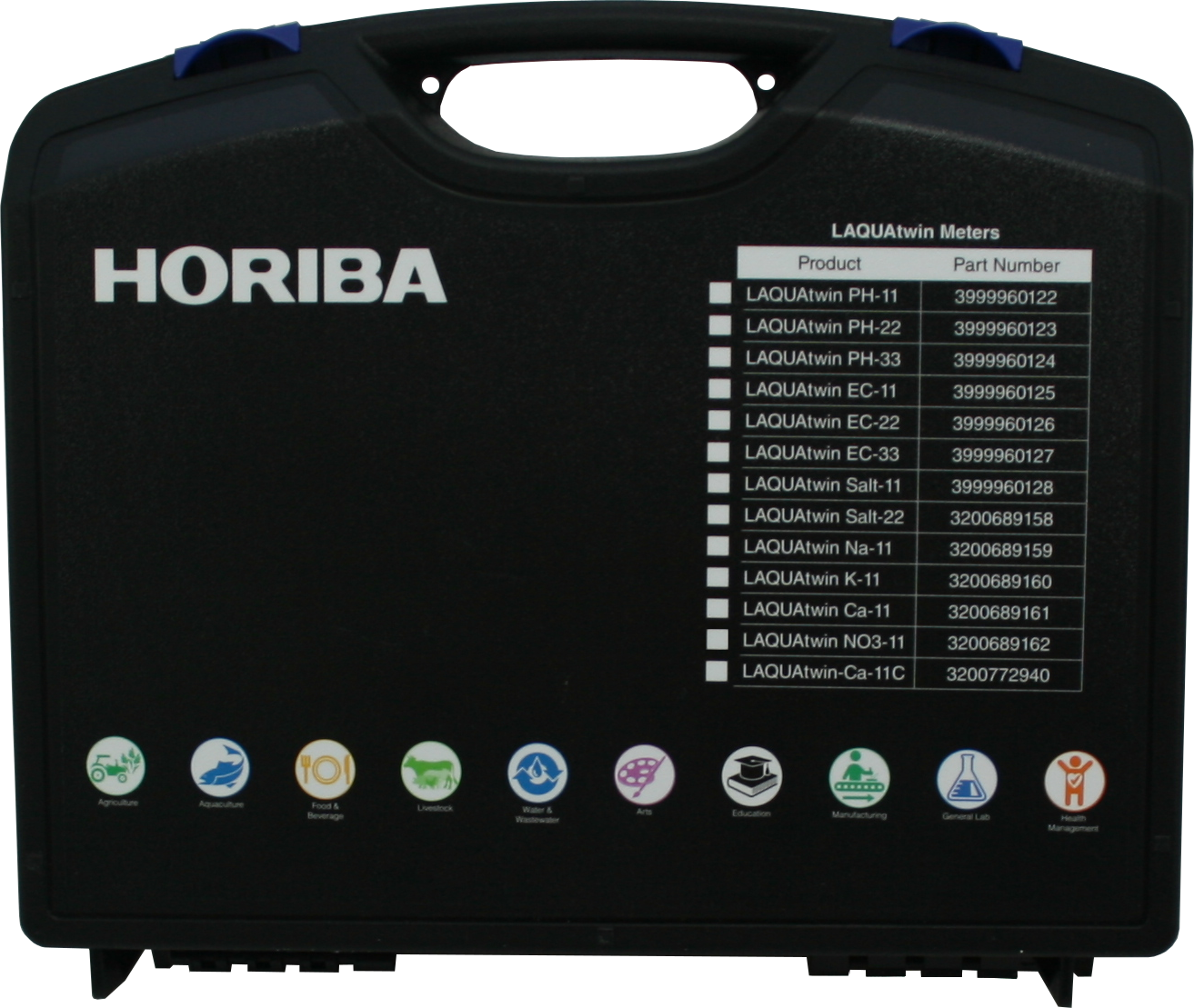 Horiba LAQUAtwin carrying case rear side with product table and logo