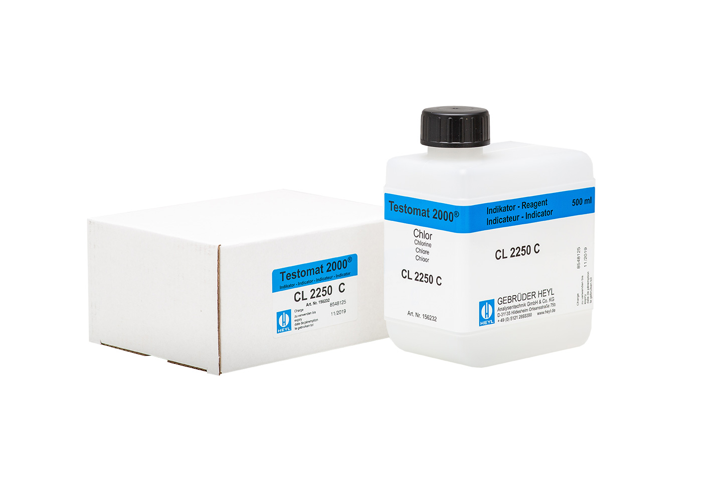 Testomat 2000® Reagent CL 2250 C 500 ml Testomat 2000 Reagenz CL 2250 C 500 ml Flasche, Frontansicht klare Laborflasche mit Schraubverschluss