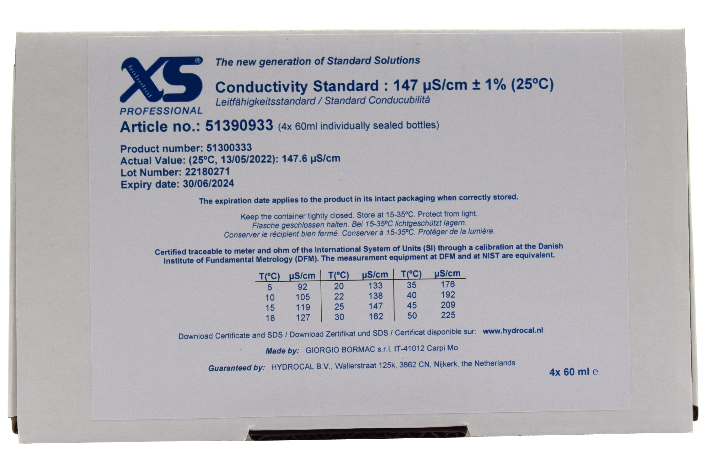 XS Professional 147 µS/cm – 4 × 60 ml conductivity calibration solution data sheet