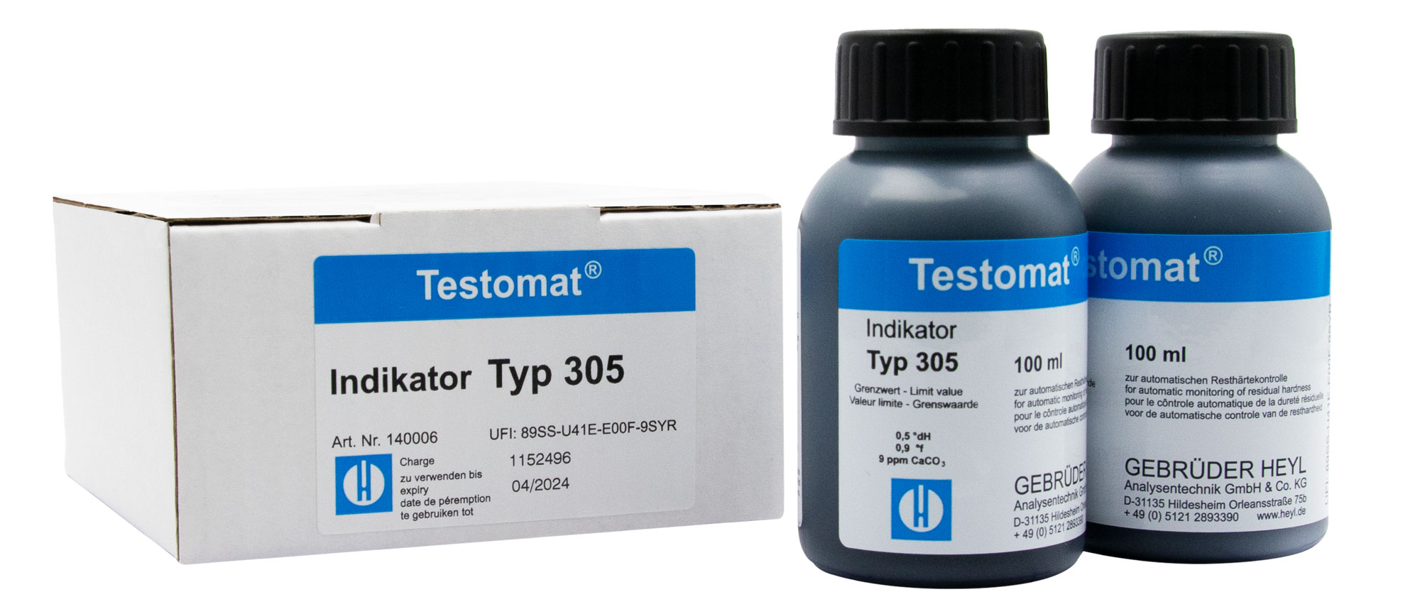 Testomat® 808 Indicator 305, two 100 ml bottles side by side