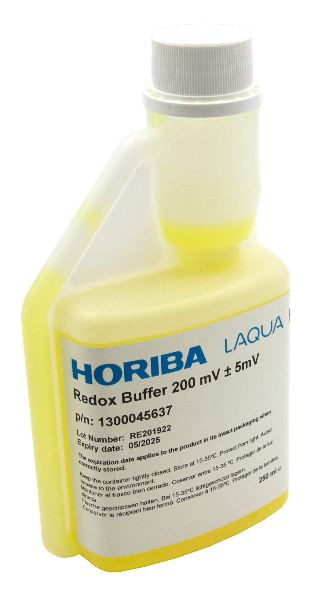 HORIBA Redox 200 mV buffer solution, 250 ml, angled view of the hygienic bottle, safe calibration solution, ORP electrode calibration, high-quality measuring solution