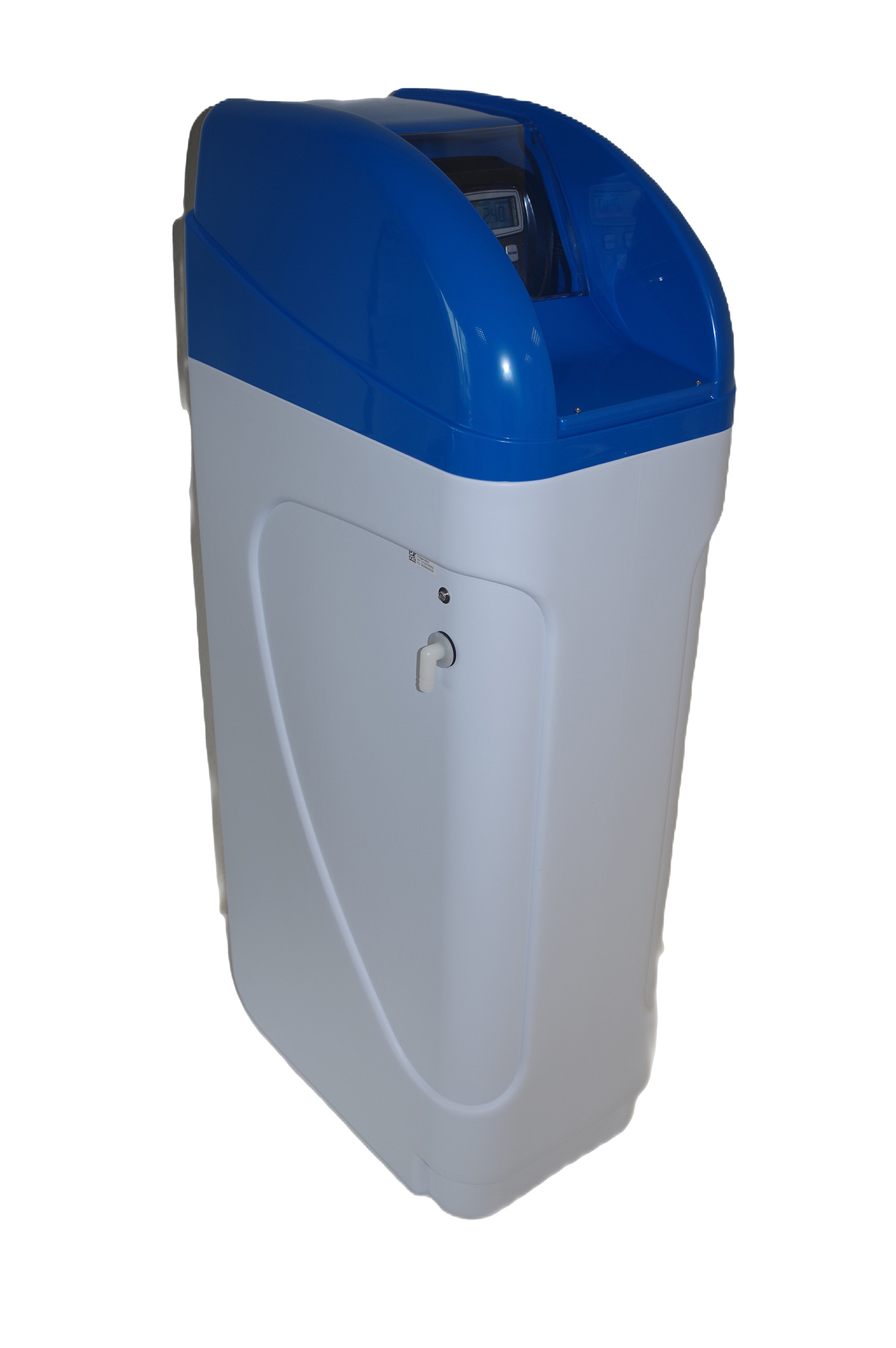 Cabinet-type water softener, front view, Neomeris, display screen visible, complete unit