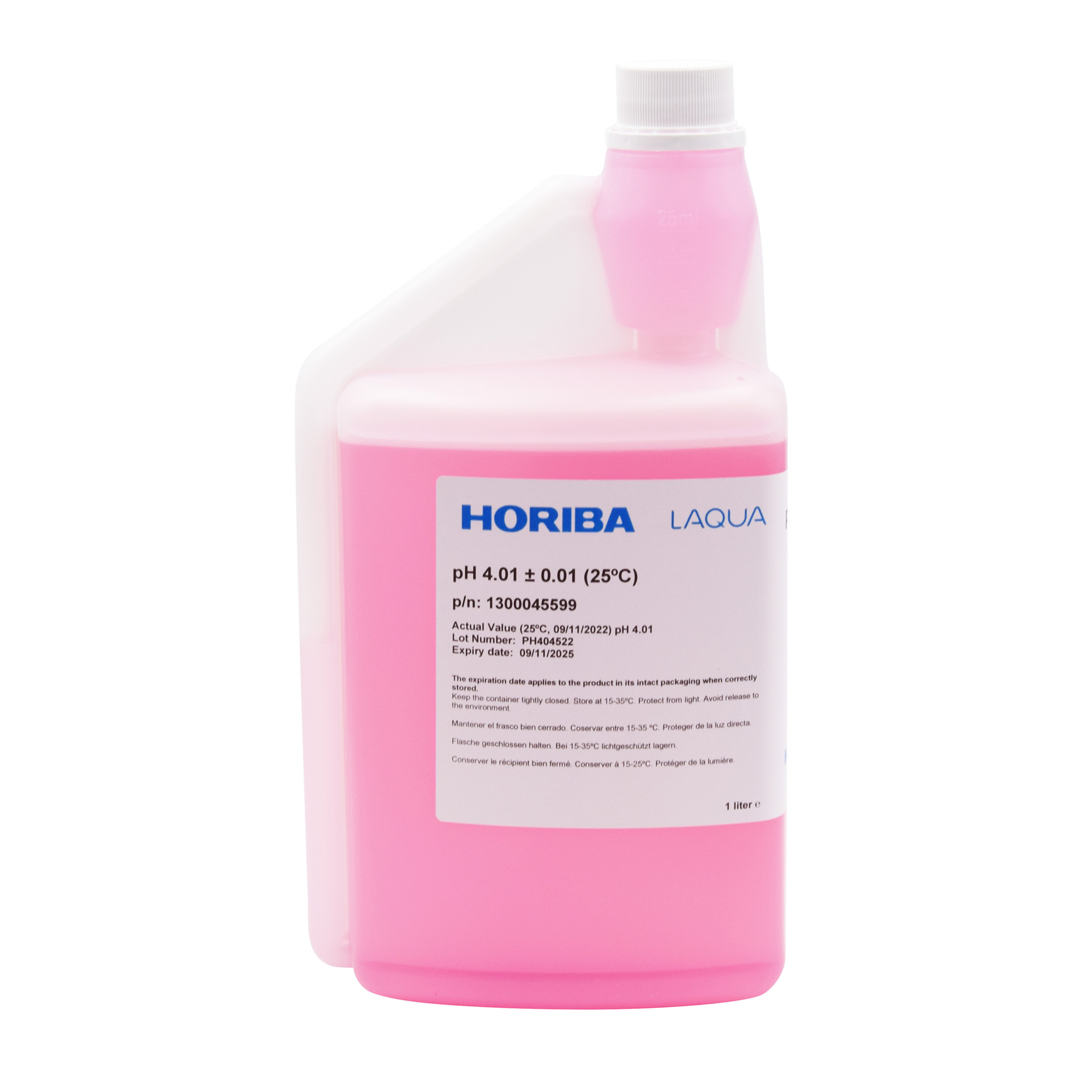 HORIBA pH 4.01 Pufferlösung 1000 ml Flasche mit Hygieneschlauchverschluss, Frontansicht, Kalibrierlösung für pH‑Elektroden