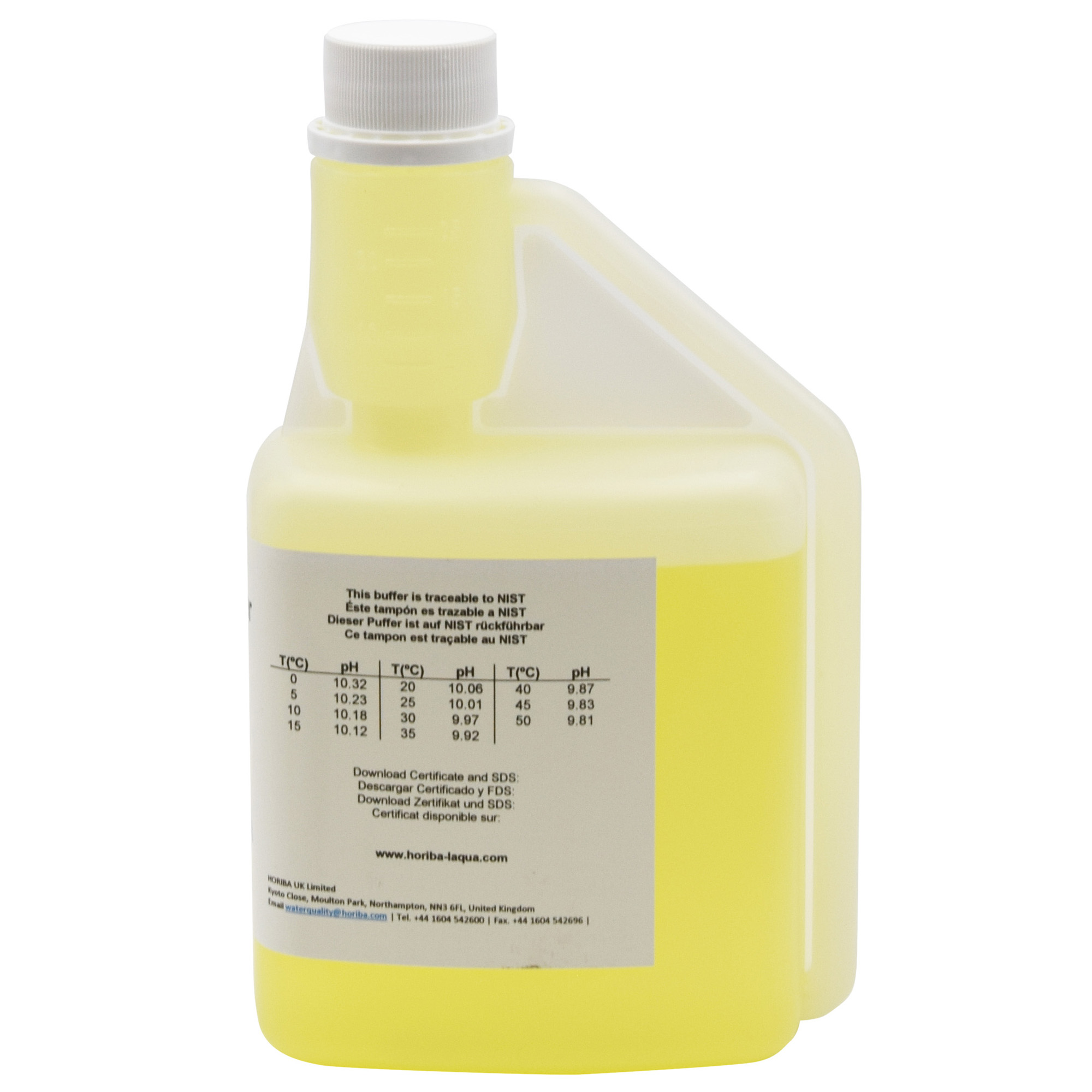 HORIBA pH 10.01 calibration solution, 500 ml – back side with measurement values for pH and °C