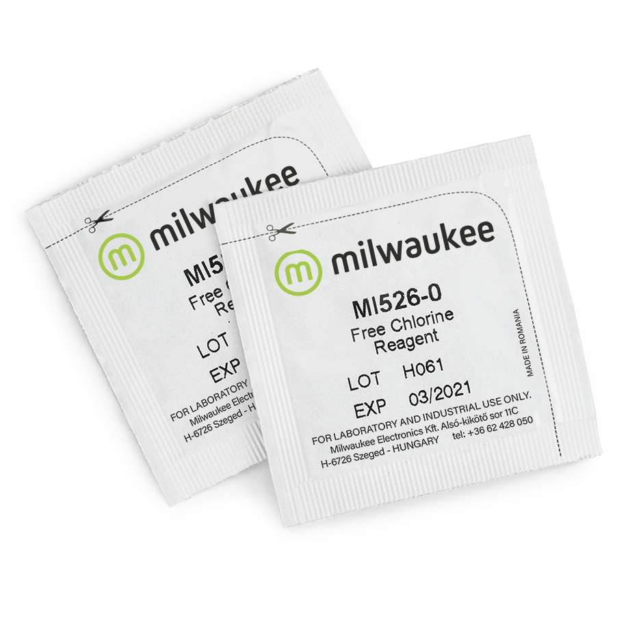 Milwaukee Mi526-25 Pulverreagenzien Packung, Frontansicht mit Produktname und Menge, 25 Beutel sichtbar, Reagenzien für digitalen freien Chlor Tester
