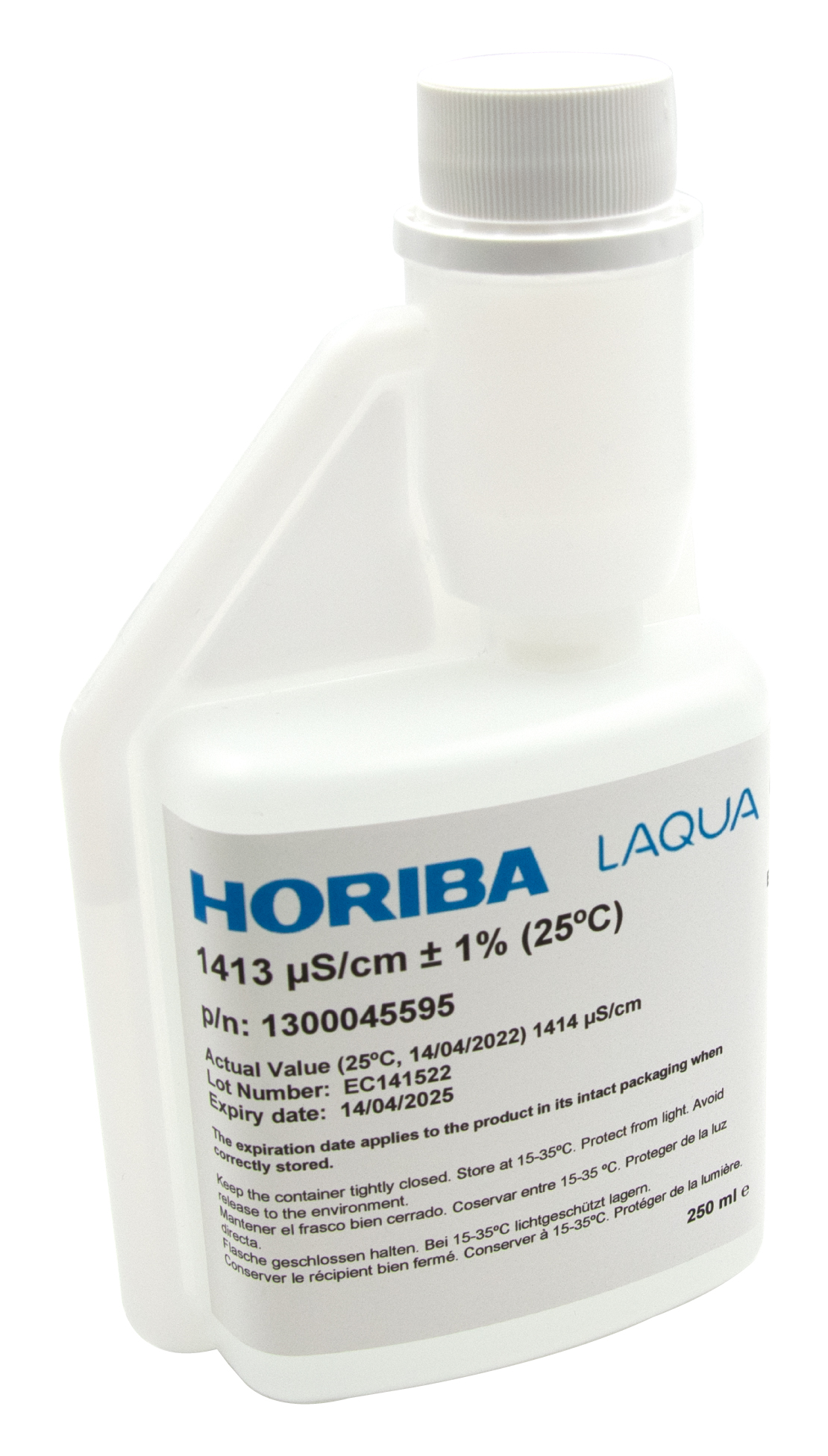 HORIBA Leitfähigkeitspuffer 1413 µS/cm Flasche seitlich hygienisch abfüllbereit