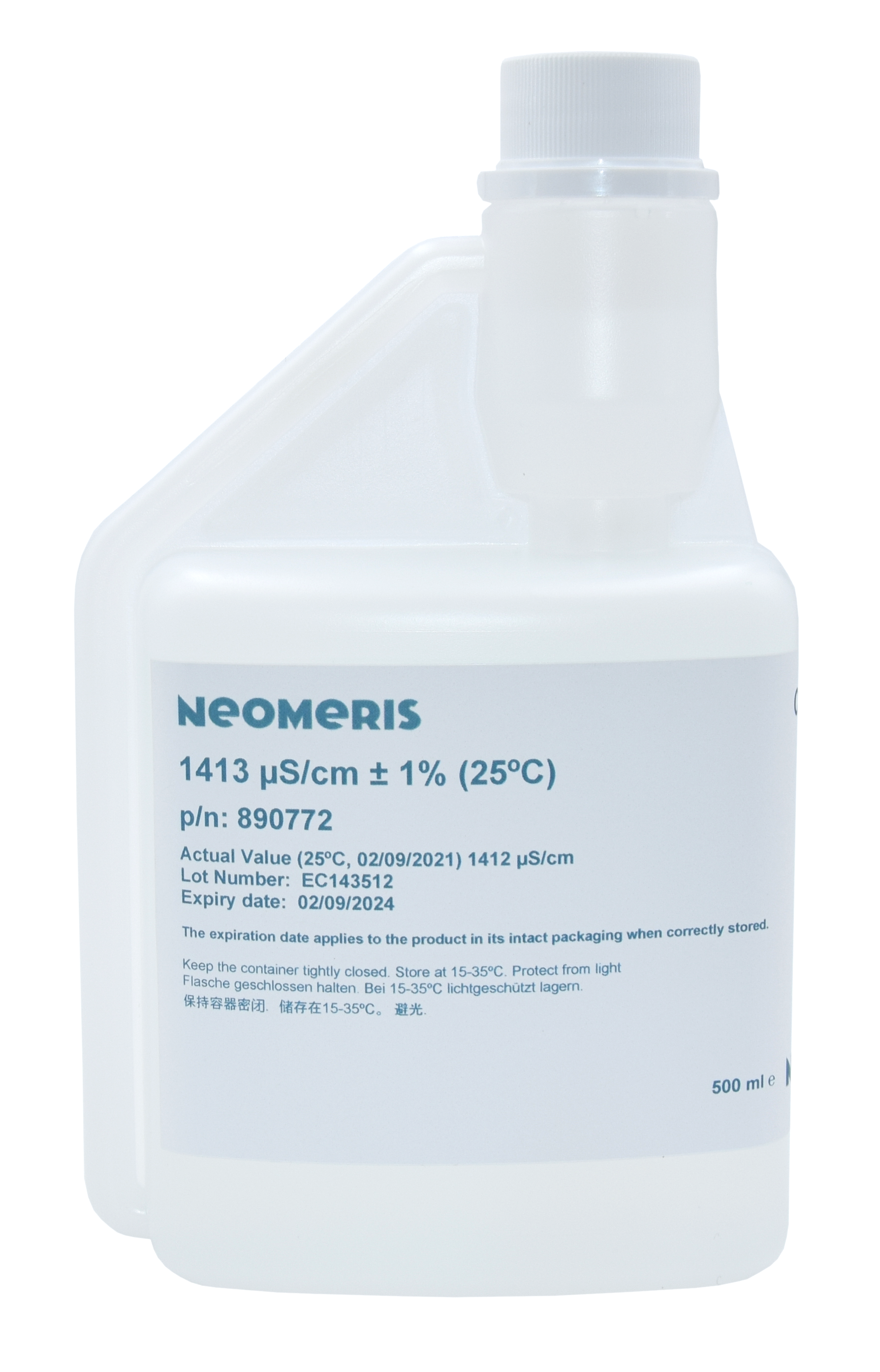 Neomeris Leitfähigkeitskalibrierlösung 1413 μS/cm Kalibrierlösung für Elektroden, transparente Flasche mit blauer Schrift auf Etikett Frontansicht