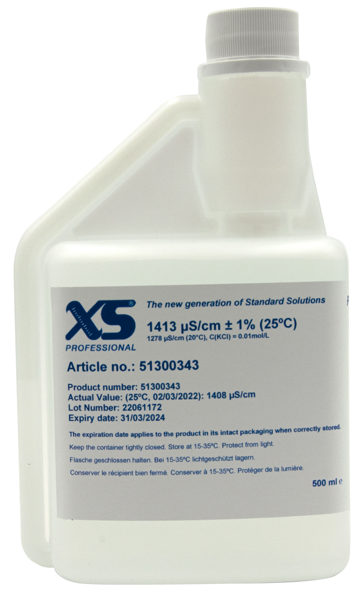 XS Professional 1413 µS/cm Kalibrierlösung 500 ml Flasche mit Hygienverschluss, Volumenanzeige und Schraubkappe