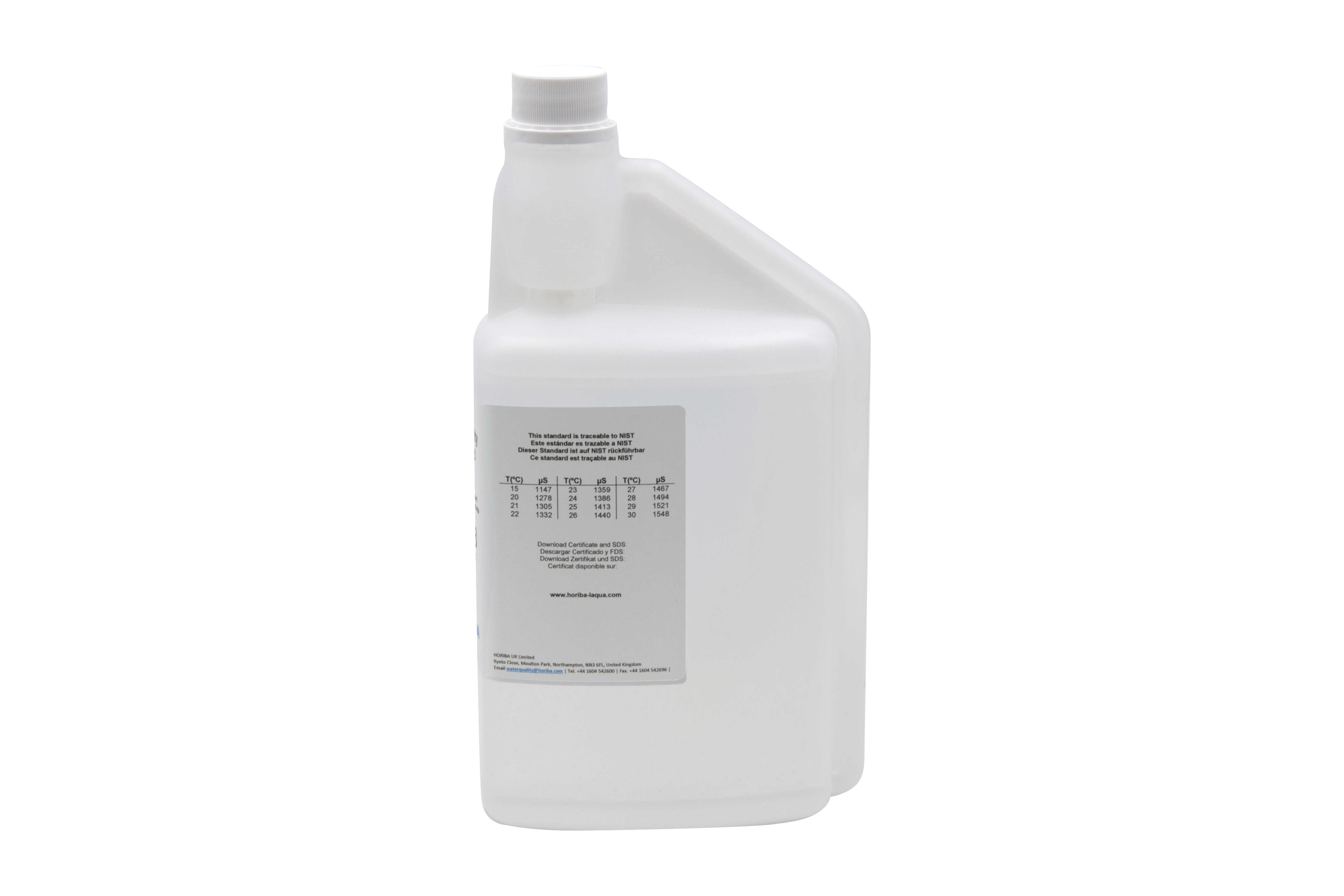 HORIBA 1413 μS/cm conductivity calibration solution 1000ml, back side with pH value information.