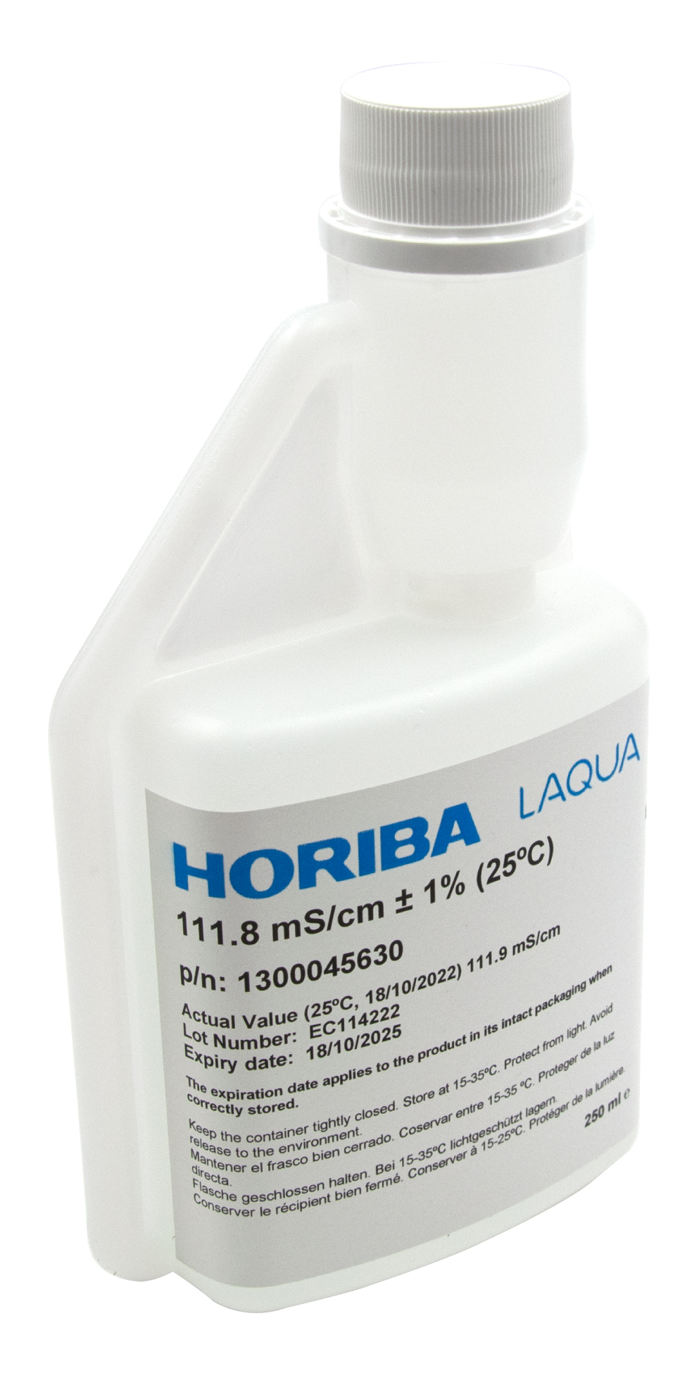 HORIBA 111.8 mS/cm Leitfähigkeitskalibrierlösung 250 ml Flasche Frontansicht, mit Etikett und Produktdetails