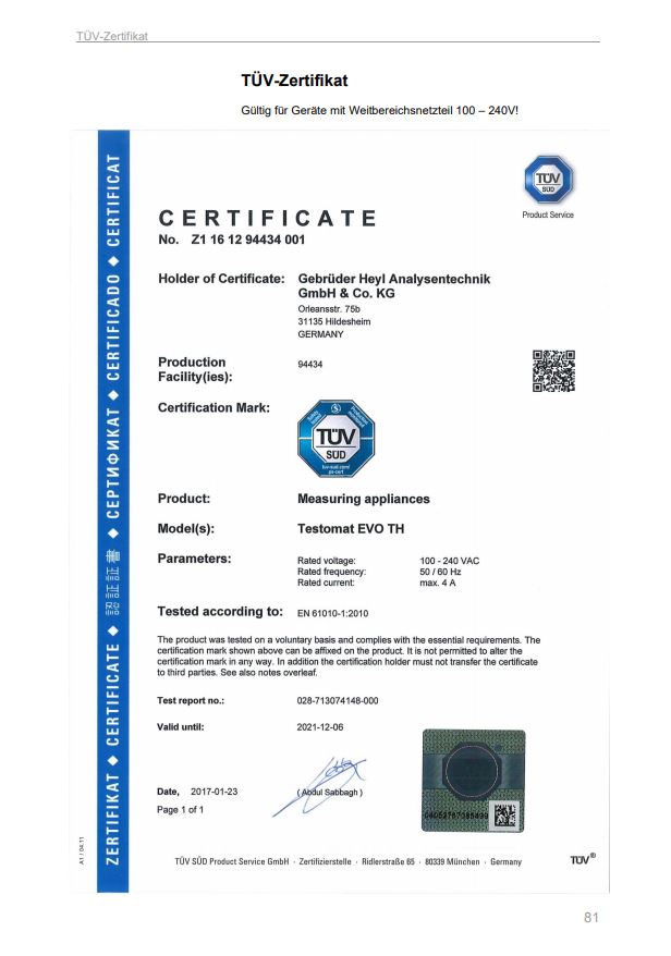 Testomat EVO TH, offizielle TÜV-Bescheinigung mit Prüfnummer sichtbar, 100–240 VAC / 100–353 VDC