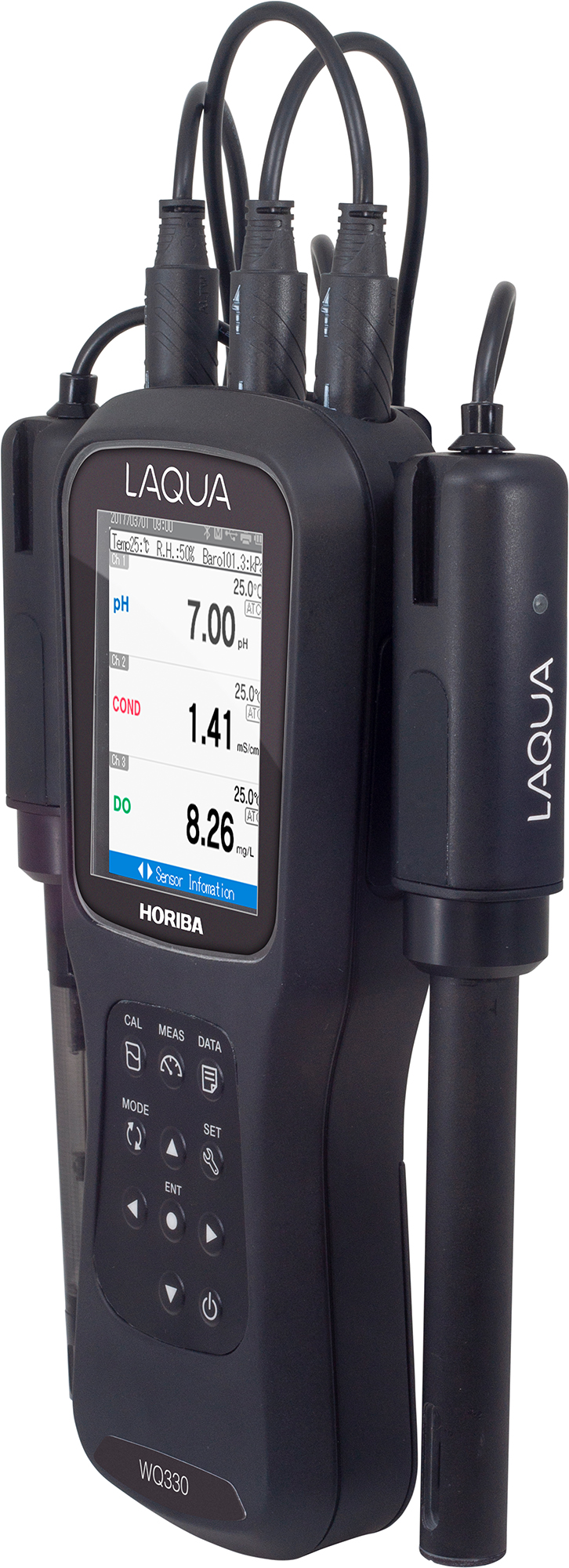 Horiba LAQUA WQ330-K Handmessgerät, rechte Seitenansicht, mit EC- und pH-Elektrode, robustes Design