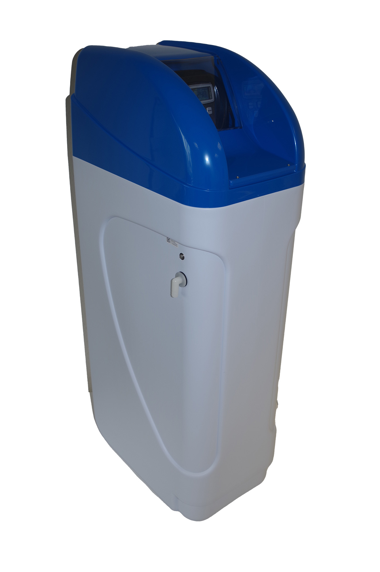 Cabinet water softener 60, side view, time-controlled safety regeneration, computer control
