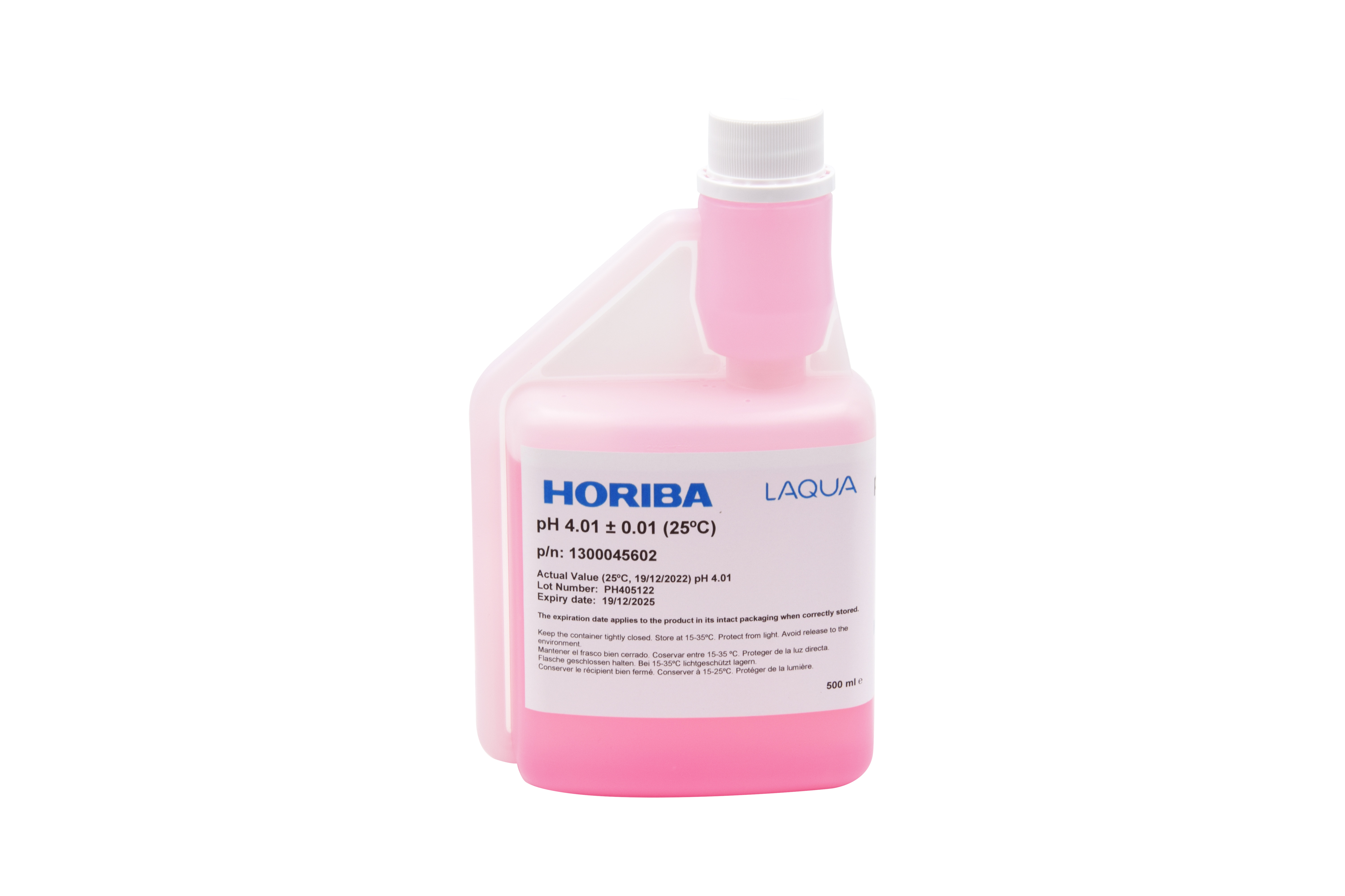 HORIBA pH 4.01 Pufferlösung Flasche Frontansicht, 500ml Hygieneflasche mit weißem Verschluss, Pufferlösung zur Kalibrierung von pH-Elektroden