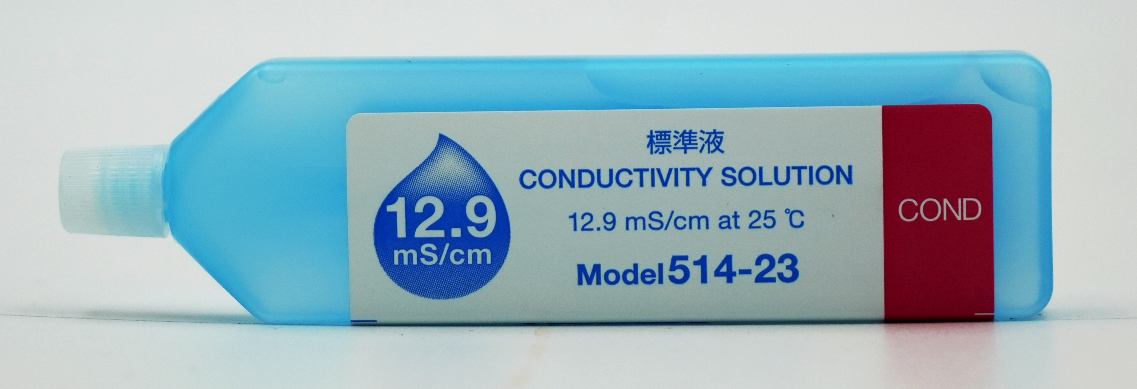 Horiba 12.9 mS/cm conductivity solution, blue bottle lying with visible label